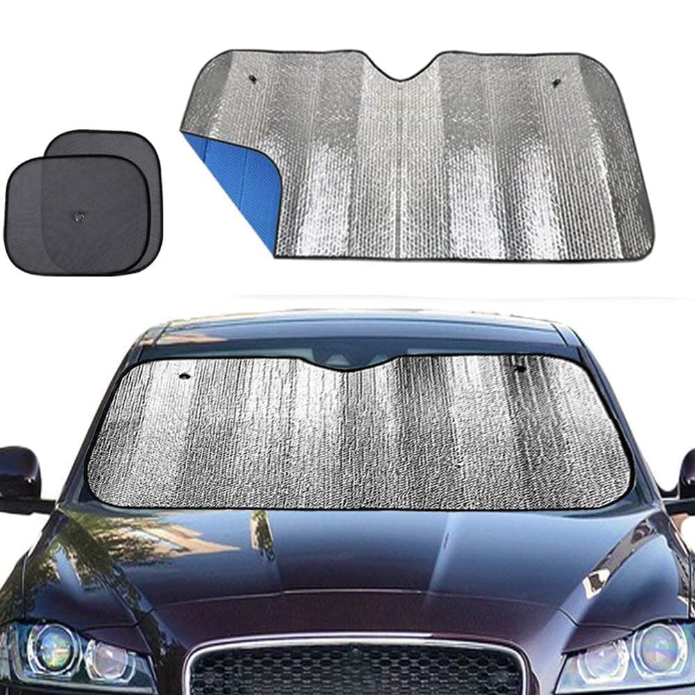 Big Hippo Windshield Sun Shade,Car Sun Shade Side Window as Bonus,Car Sunshade Windshield,Reflect Sunlight Heat and UV Rays, Protect Interior,Keep Vehicle Cool,Silver/Blue(55.16X 27.5inches)