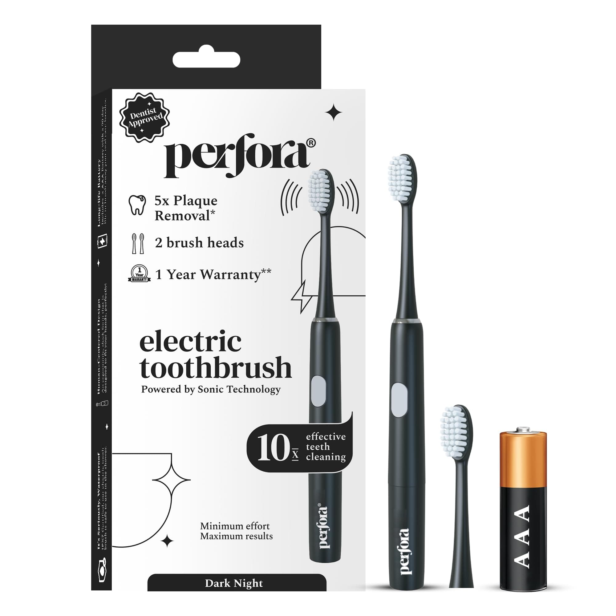 Perfora Electric Toothbrush, 2 Modes, AAA Powered, 2 Brush Heads, 90 Days Battery Life | 1 Year Warranty | Brush, Electric Toothbrush For Men, Women & Kids, 002 - Dark Night (Pack of 1)