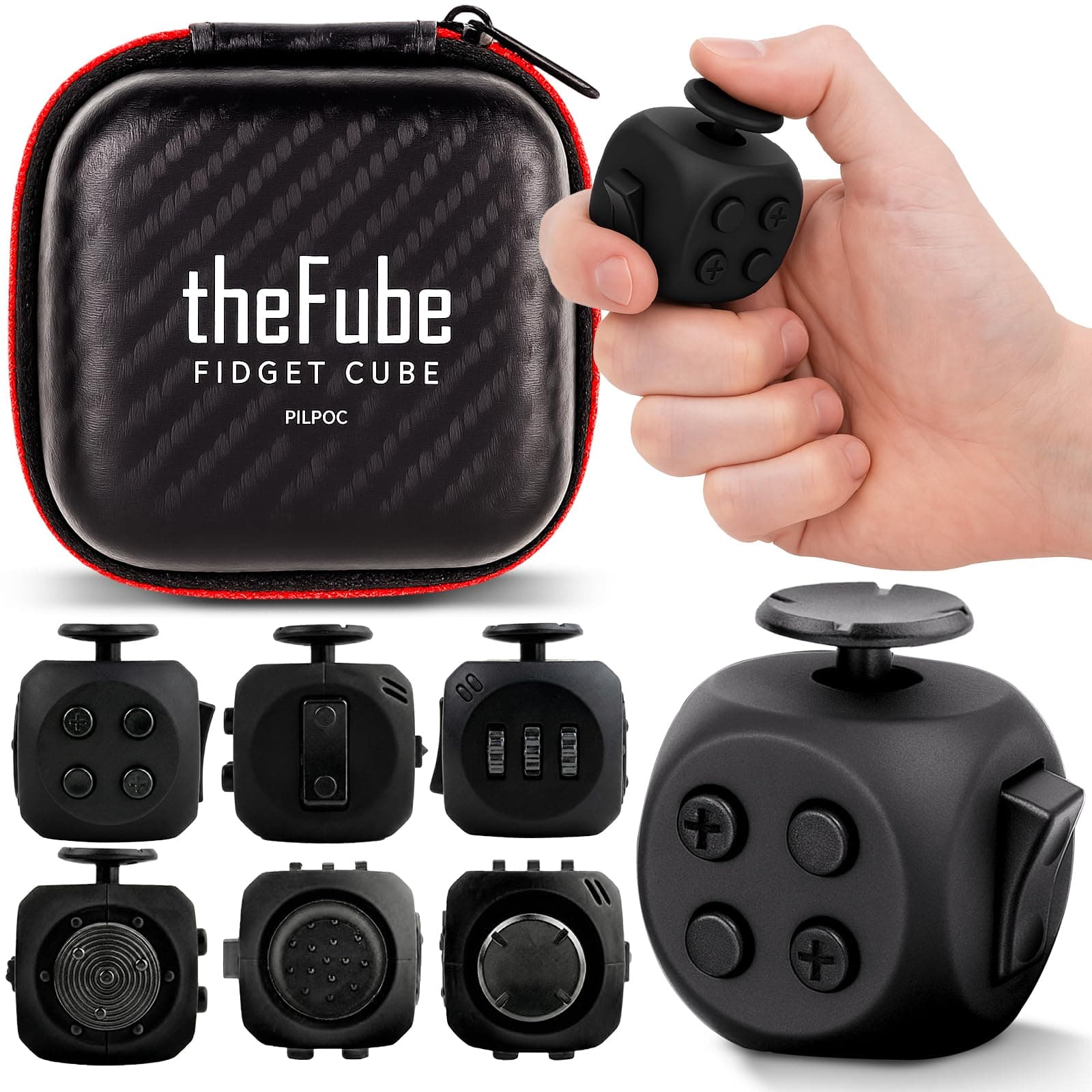 PILPOC theFube Fidget Cube, 6-Sided Stress Relief Infinity Cube for Adults & Kids, Boosts Concentration, Mindfulness Aid, Silent & Audible Modes, Includes Carry Case for Portability (Midnight)