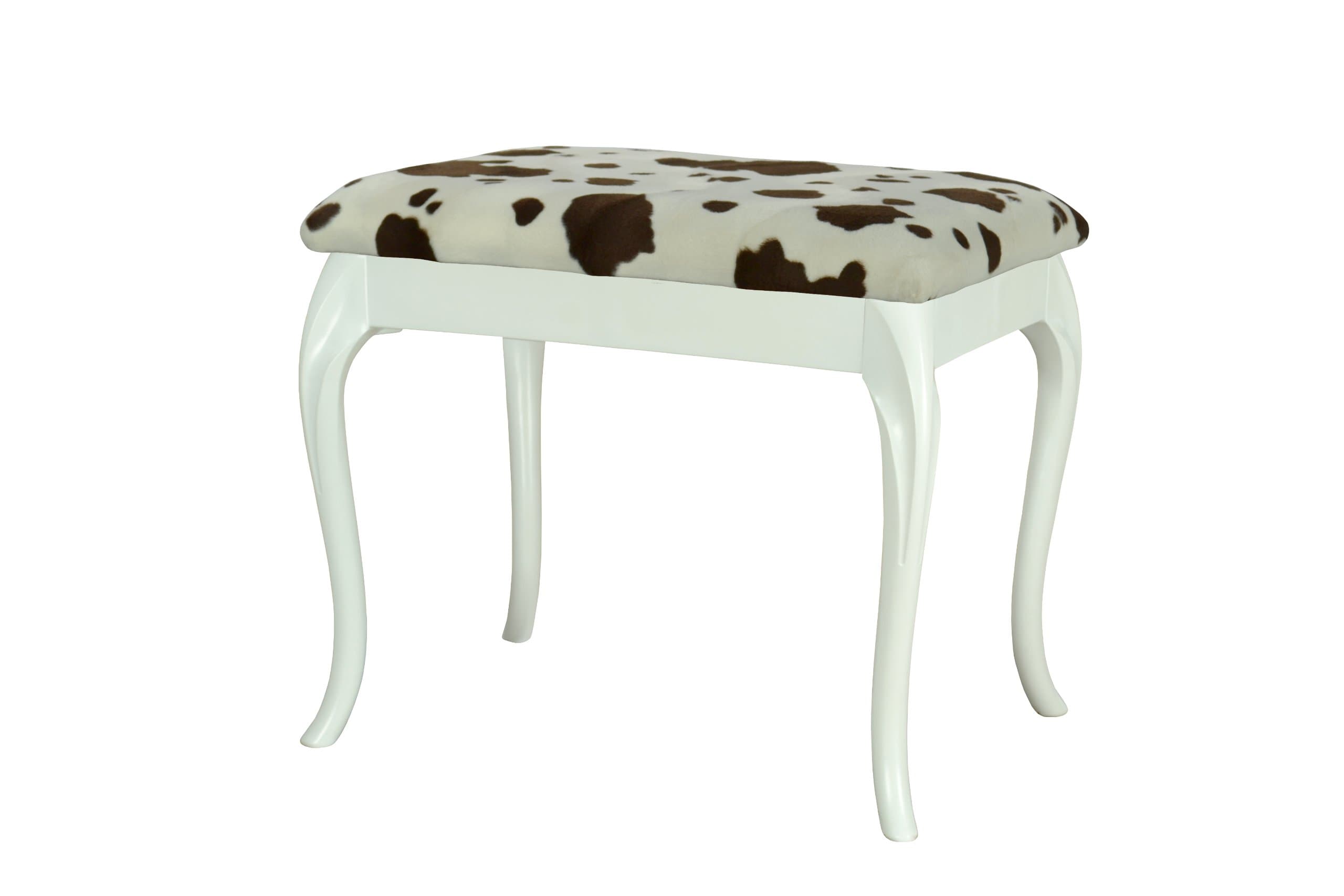 High Street Design White Large Dressing Table/Foot Stool with Cabriole Style Legs and Cow Hide Print Fabric Cushion, hand finished, composite moulding, 52x36x44 cm