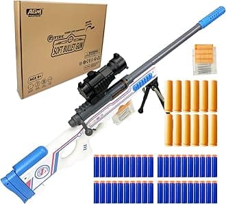 – AGM MASTECH AWM Shell-Throwing Blaster Shot Gun, 40 Official Darts, 4-Dart Clip, 2 Magazines, Removable Stock, Barrel Extension, Blaster Toys Playset for Boys, Kids, and Adults (White)