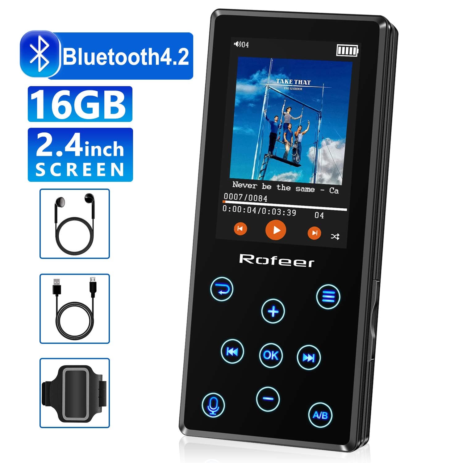 MP3 Player, 16GB MP3 Player with Bluetooth 4.2 HiFi Lossless Sound Portable Digital Music Player FM Radio Voice Recorder E-Book 2.4'' LCD, Support up to 128GB with Earphone & Armband