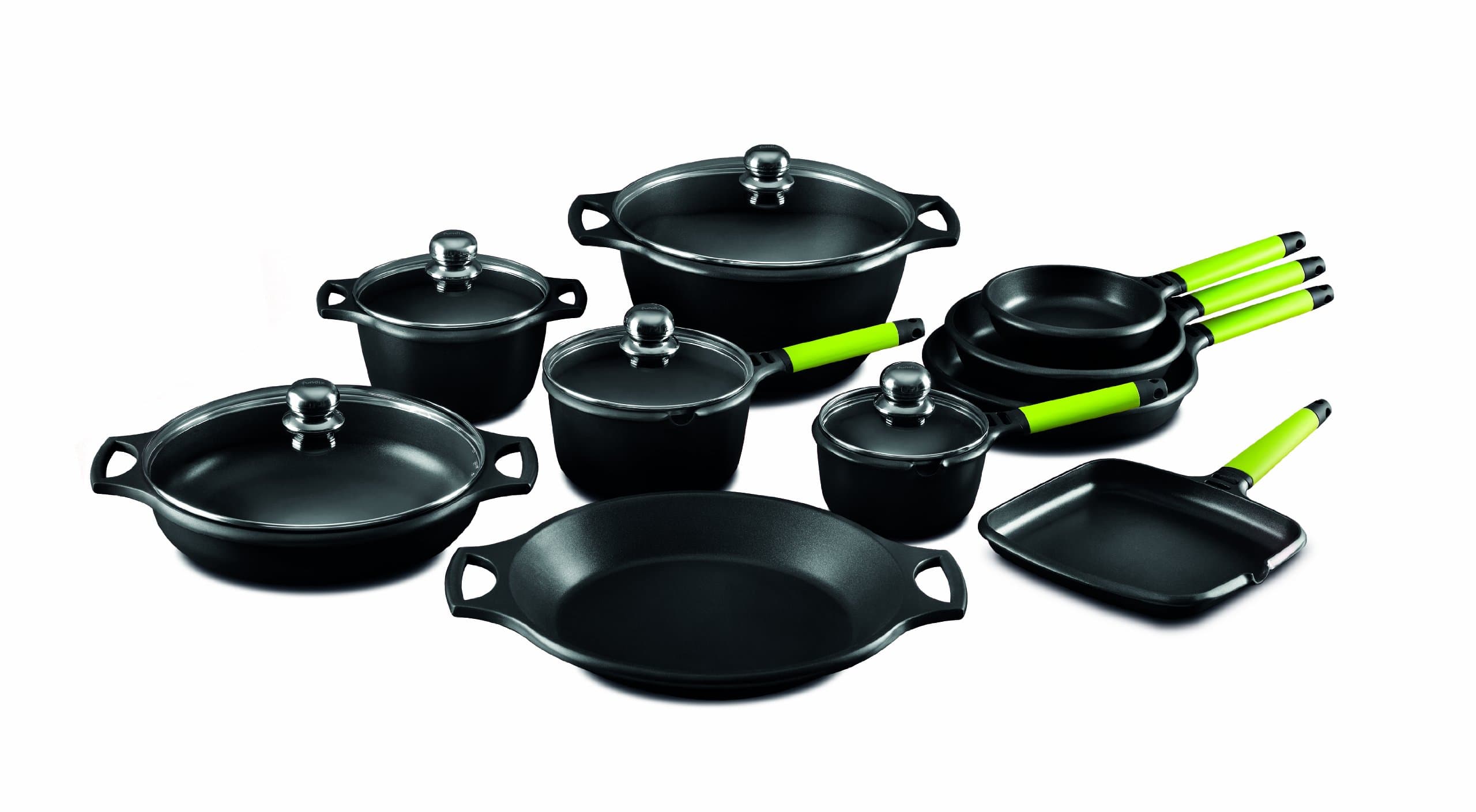 Castey 15 Pieces Cookware Set with Handle, Cast Aluminium, Green, 30 x 30 x 30 cm