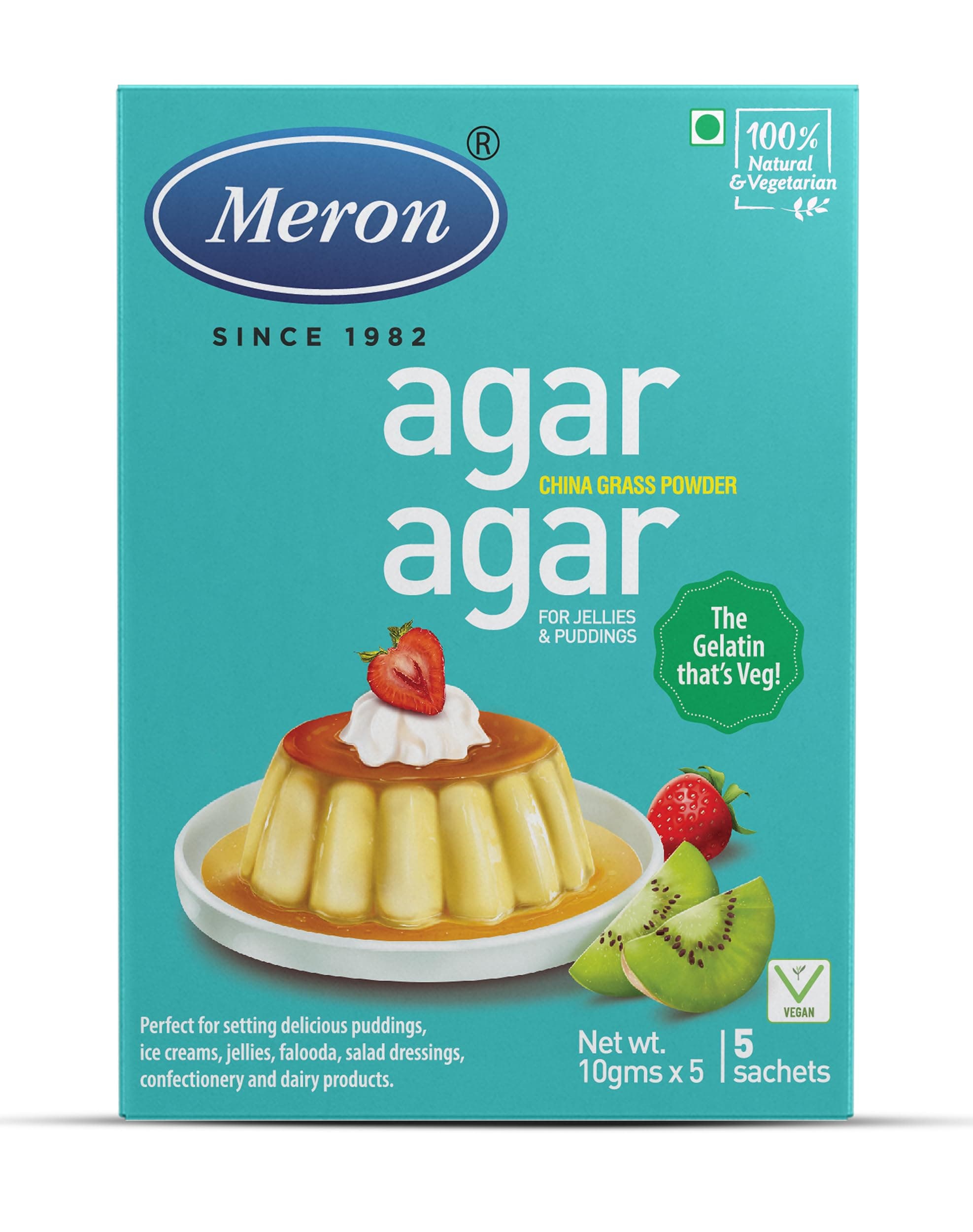 - Meron Agar Agar Powder – 5 x 10g | 100% Plant-Based Gelatin Substitute | Vegan Gelling & Thickening Agent for Jelly, Pudding & Desserts | Food Grade Seaweed Extract
