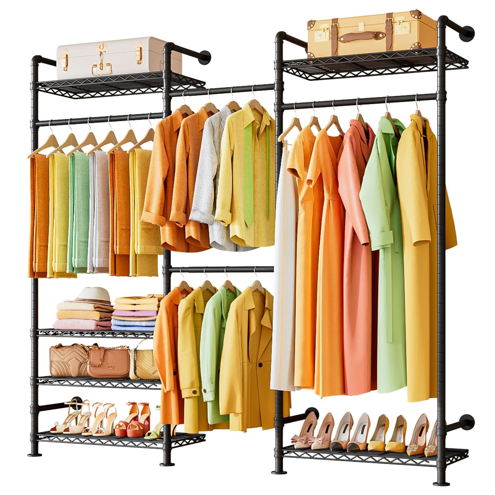 Wall Mounted Garment Rack, Heavy Duty Clothes Rack with 2 Expandable Rods, Metal Clothing Rack with 4 Rails and 6 Shelves, Adjustable Clothes Rack (Black, 240 x 30 x 220 cm)