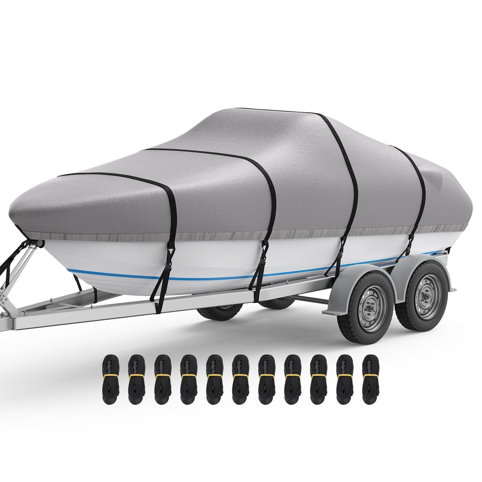 RVMasking Boat Cover, Ultra-Thick 1600D Polyester Canvas with Double PU Waterproof Coating, Fits 17-19ft Tri-Hull, V-Hull, Runabout, Fish & Ski Boat, Bass Boat, Gray