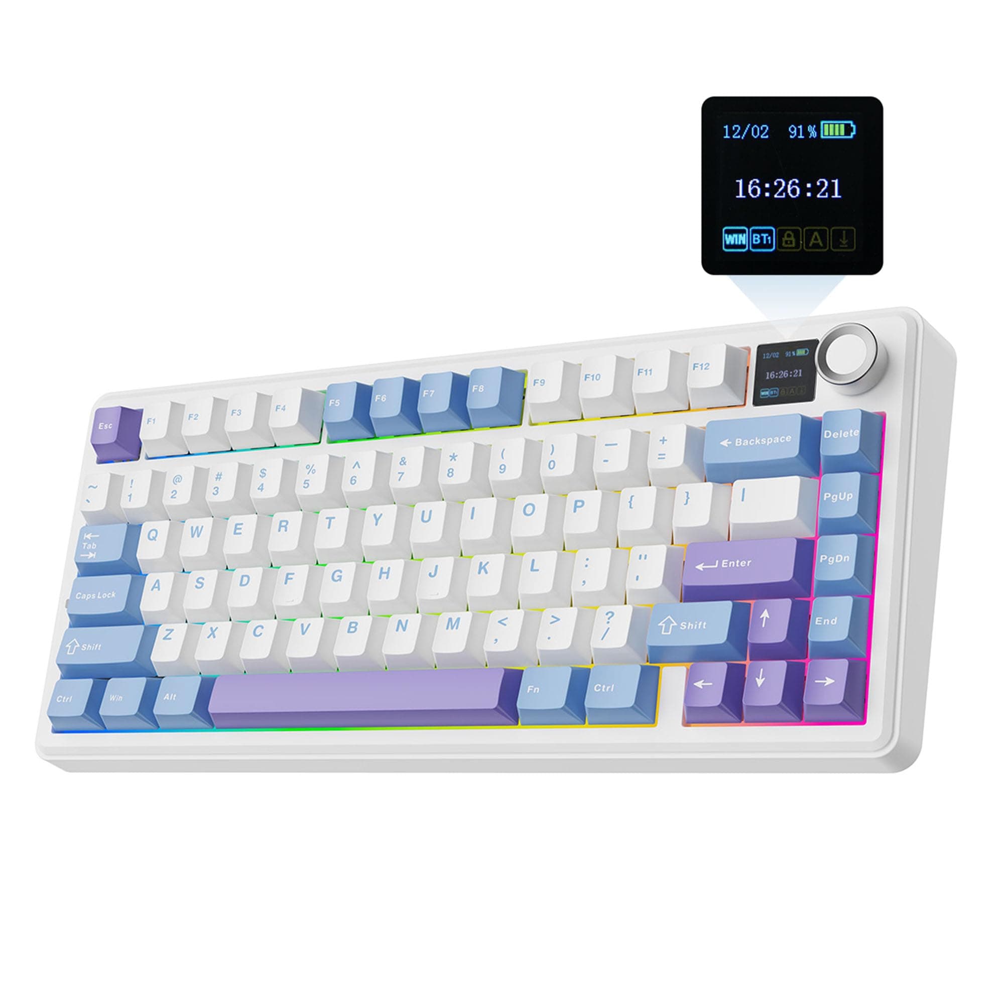 X Aula F75 MAX Wireless Mechanical Keyboard with TFT Screen and Knob, Gasket Gaming Keyboard in 75% Layout, Hot Swappable, RGB Backlight, for PC/Mac/Linux (Blue&White&Purple)