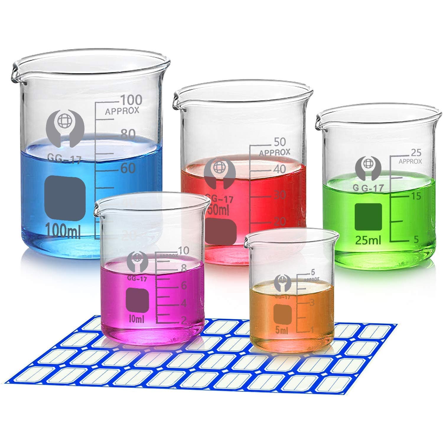 5 Pack Glass Graduated Measuring Beaker Set 5ml 10ml 25ml 50ml 100ml Thick Glass Borosilicate Low Form Lab Beakers
