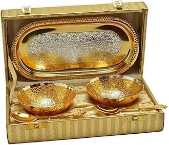 R Ayurveda Copper German Silver and Gold Plated Bowls with Royal Golden Box - Set (Pure Gold&Silver) Plated for Gift and Promotional Gift Return Gesture Set of 5 pcs