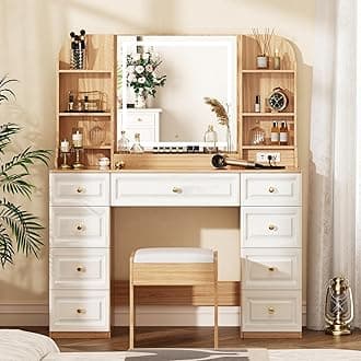 43" Makeup Vanity Desk with Mirror and Lights, & Power Outl, Glass Top Big Vanity Table with 9 Drawers& 8 Storage Shelves, Dressing Table Set with Chair for Bedroom, Oak