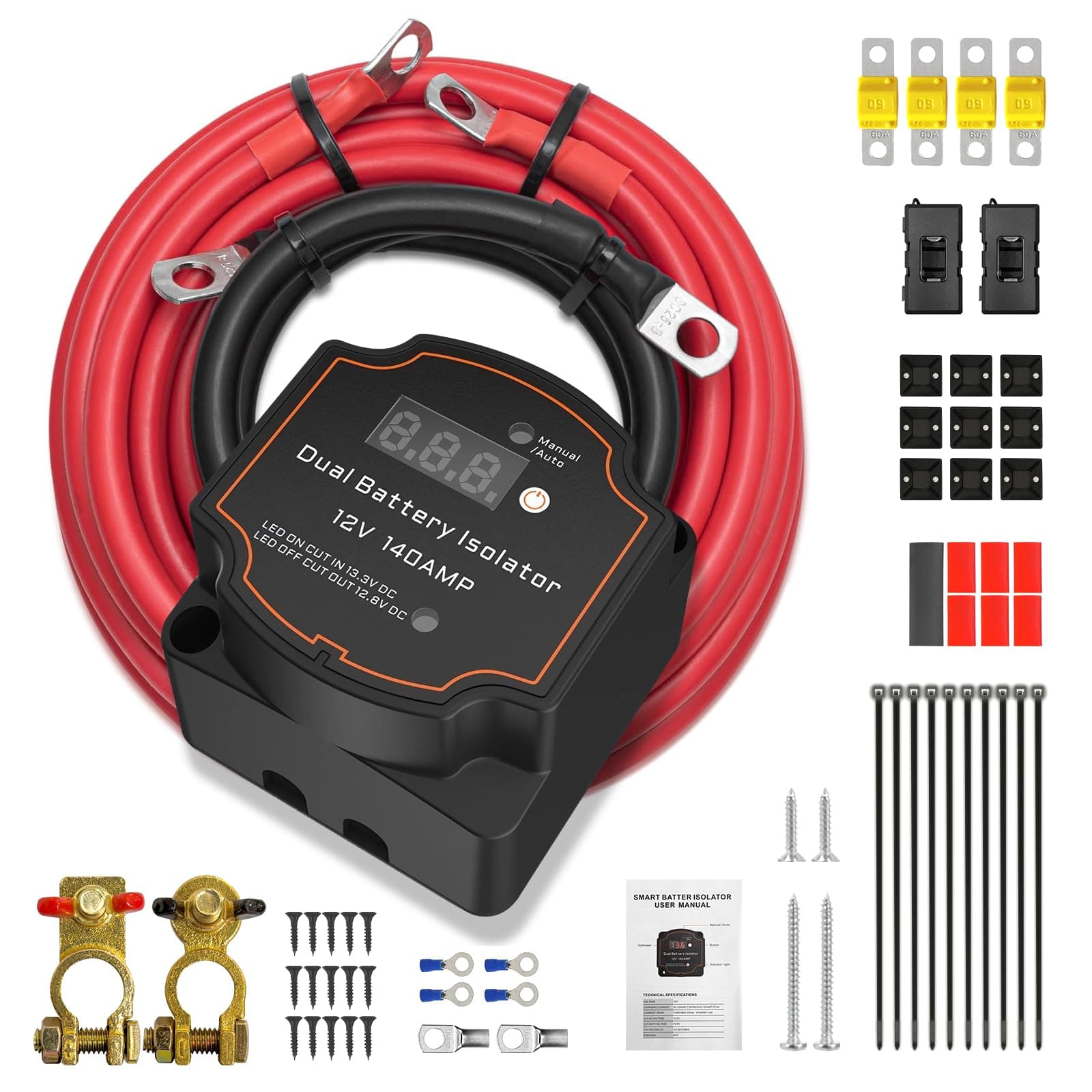 5M Split Charge Relay Kit, 12V 140Amp Smart Dual Battery Isolator, Manual/Auto Modes Voltage Sensitive Relay Kit, IP68 Waterproof, Voltage Display for Campervan Van Truck SUV RV ATV UTV Boat
