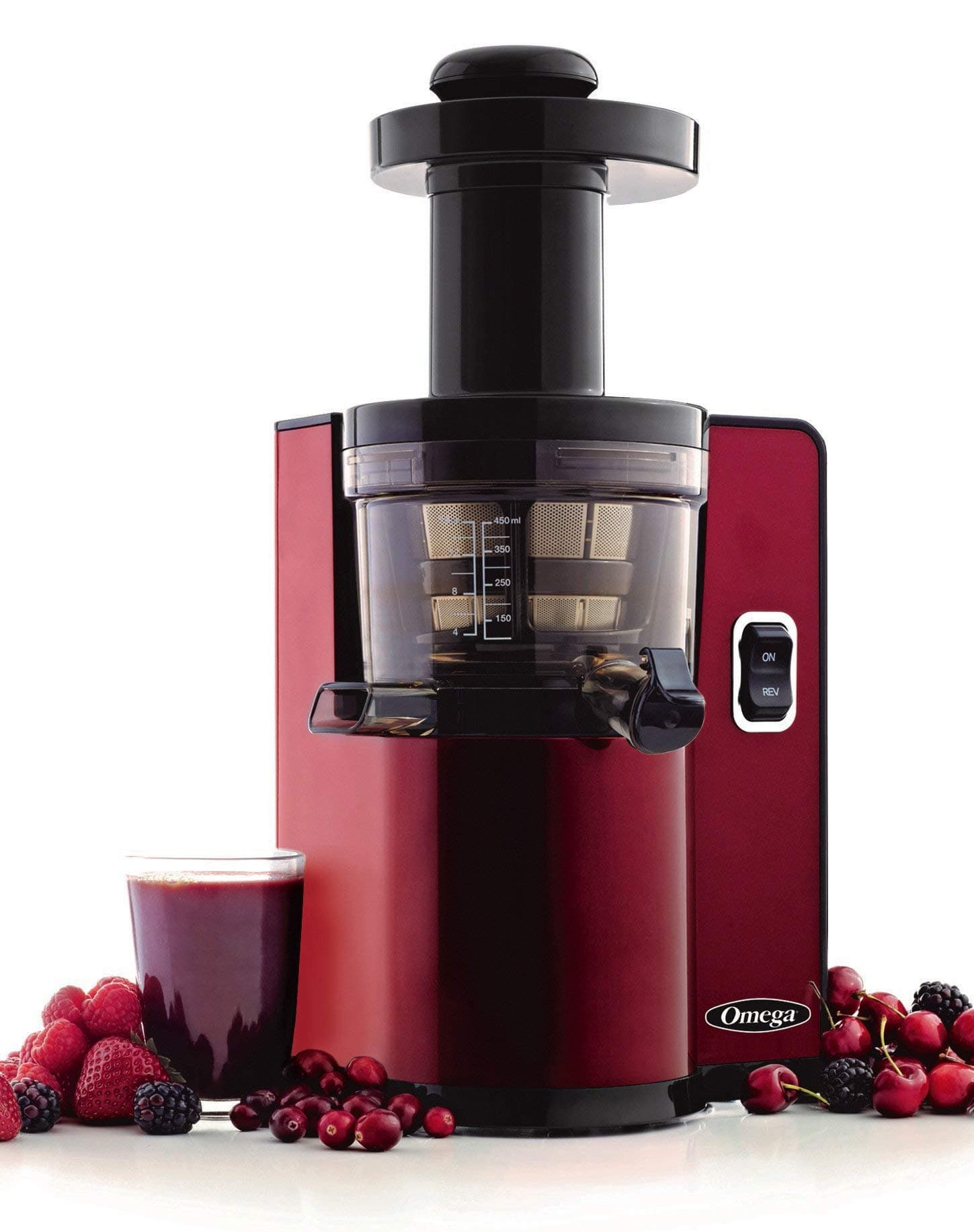 Omega VSJ843QR Vertical Slow Masticating Juicer Makes Continuous Fresh Fruit and Vegetable Juice at 43 Revolutions per Minute Features Compact Design Automatic Pulp Ejection, 150-Watt, Red (Renewed)
