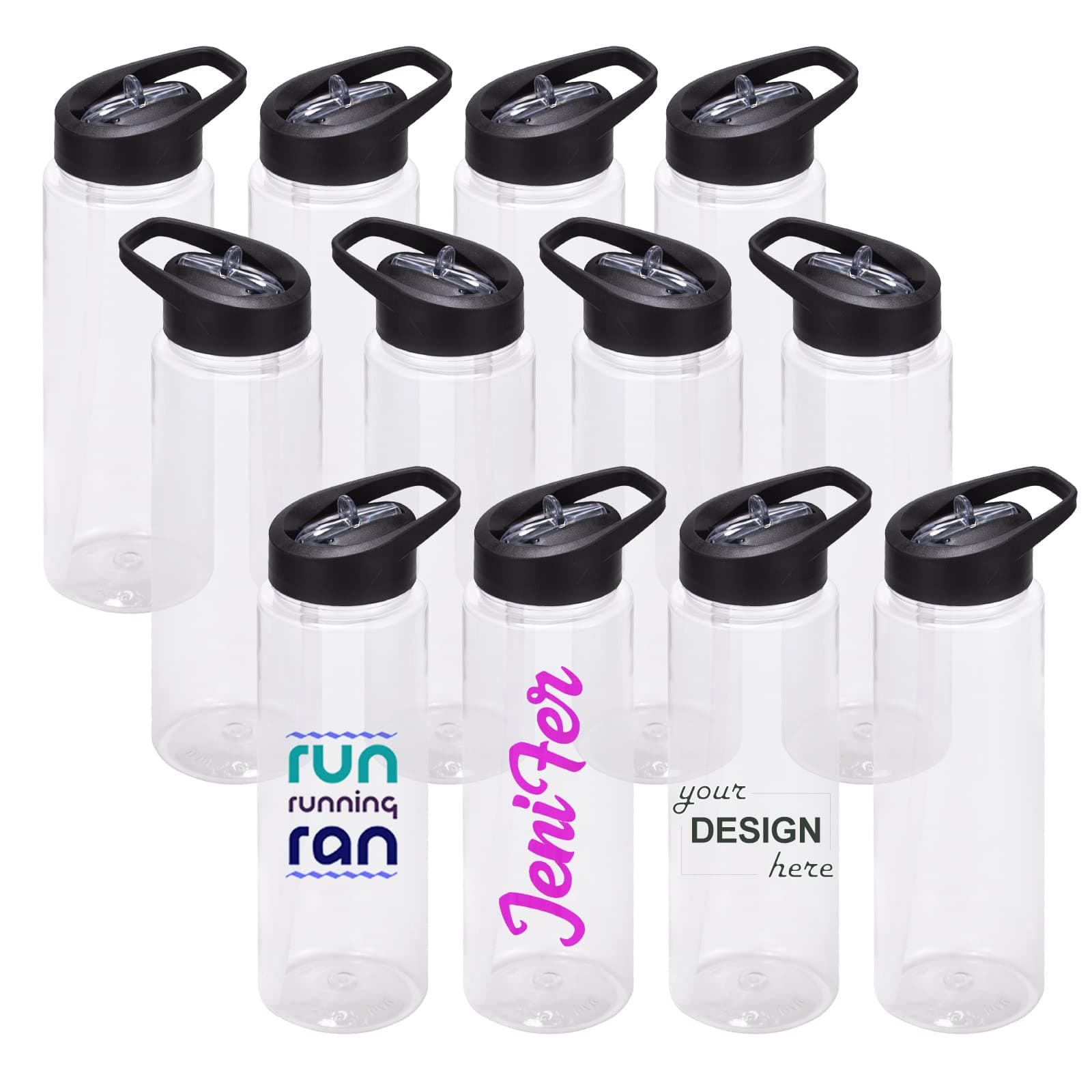 24 oz Clear Water Bottles with Straw, 12 Pack Bulk Reusable Sports Water Bottle with Handle, Wide Mouth & Portable for Travel Gym Cycling Hiking Camping, for Personalized DIY Teacher Nurse Gift