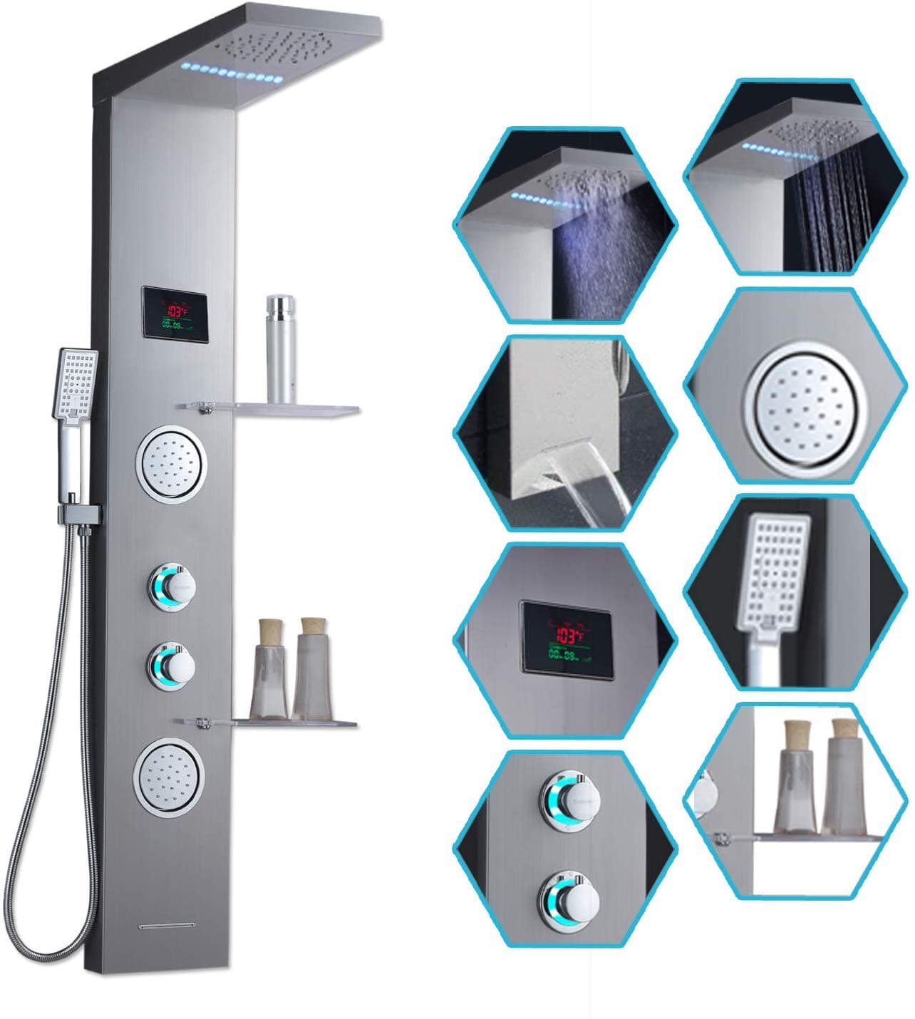 ELLO&ALLO Shower Panel System Tower with Shelf, LED Rainfall and Mist Head Rain Massage Stainless Steel Shower Fixtures with Adjustable Body Jets, Brushed Nickel