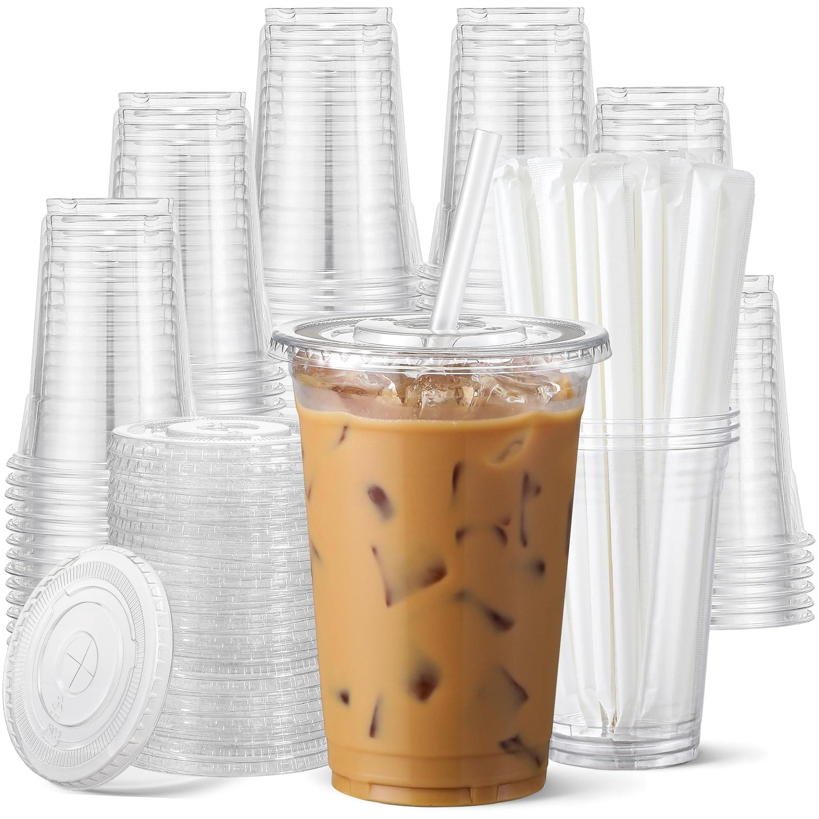 AOZITA 100 Pack - 20 oz Clear Plastic Cups with Lids and Straws, Food Safe Disposable Iced Coffee Cups for Cold Beverages, Smoothies, Iced Coffee, Leak-Proof, BPA-Free