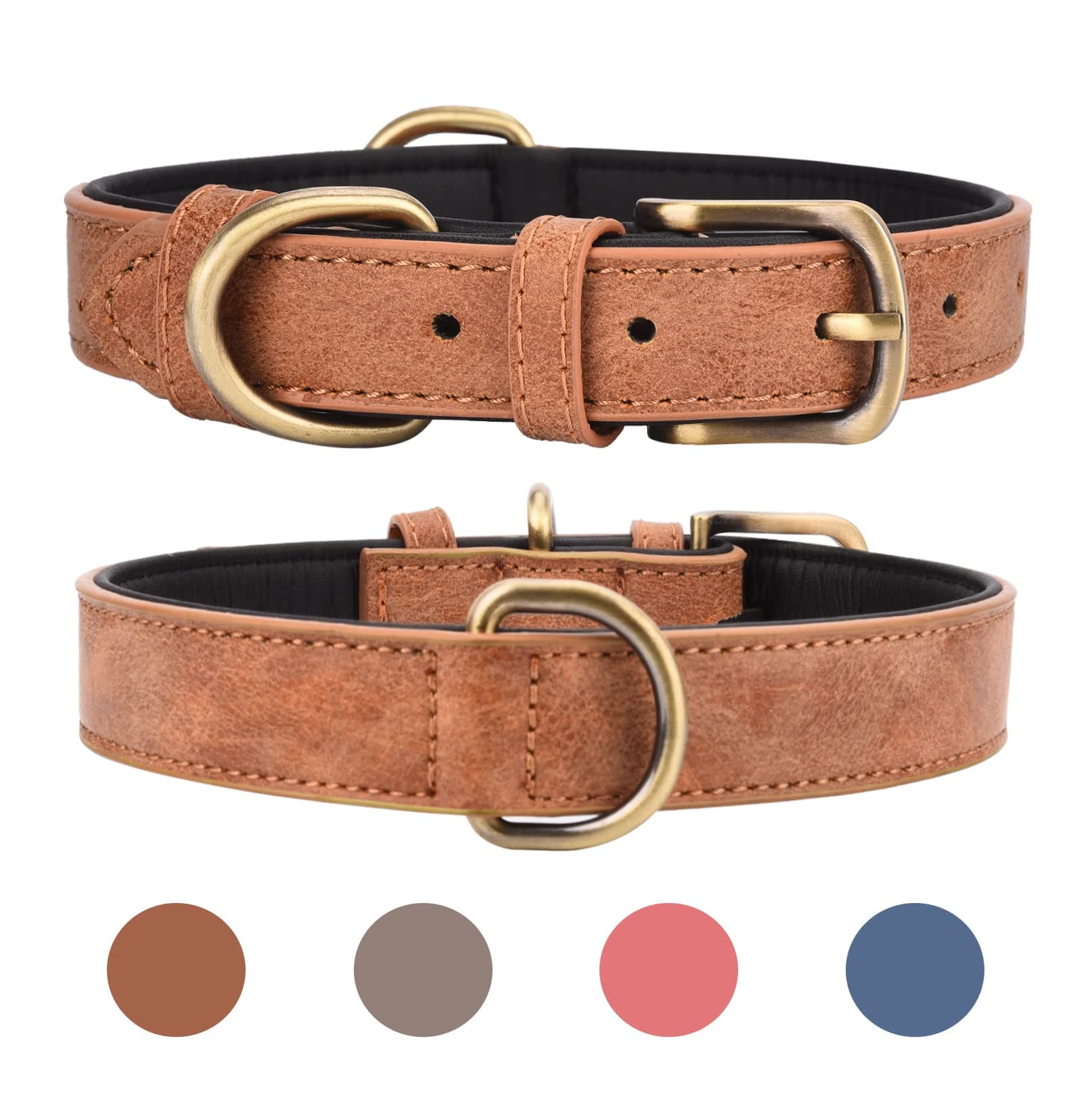 Leather Dog Collar for for Small Medium Large Dogs Soft Breathable Padded Puppy Collar with Double D-Ring Adjustable Durable Strong Collar