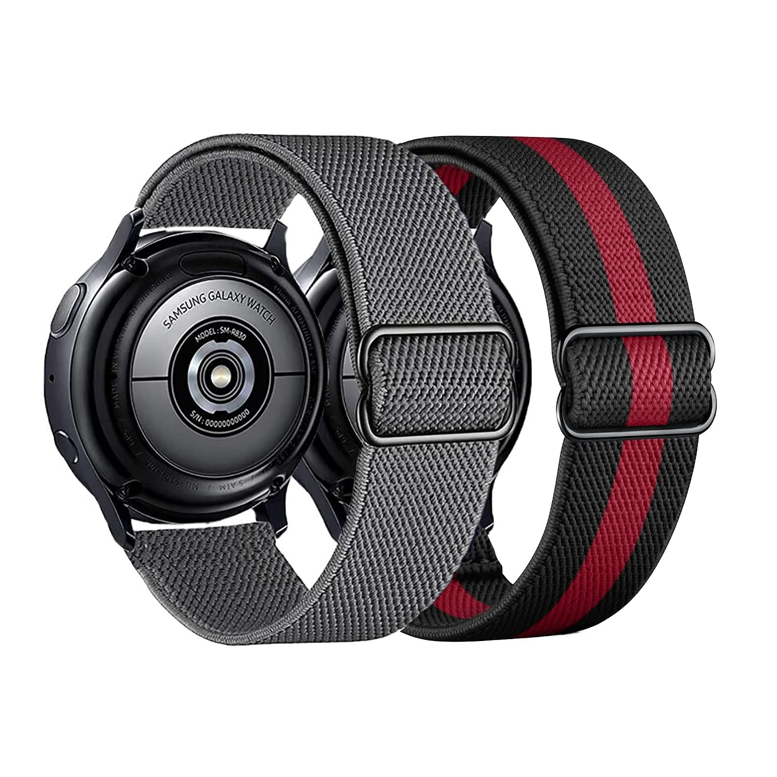 2PACK AHXLL Nylon bands compatible with Samsung Galaxy Watch Active 2 44mm 40mm/Active 40mm/Galaxy Watch 3 41mm/ Galaxy Watch 4 40mm 44mm /Galaxy Watch 5 Pro 45mm, 20mm Stretchy Sport Loop Breathable Wristband (Black Red+ Gray)