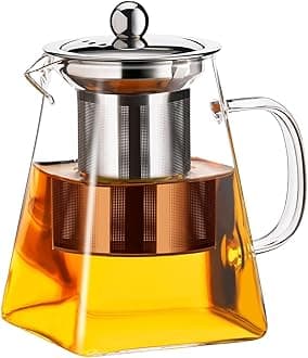 KHOLAD Glass Kettle Teapot with Removable Infuser Lid & Handle 750ml, Stovetop & Microwave Safe, Great for Loose Leaf Tea, Blooming Tea, Tea Bags & Fruit Infused Water (Square)