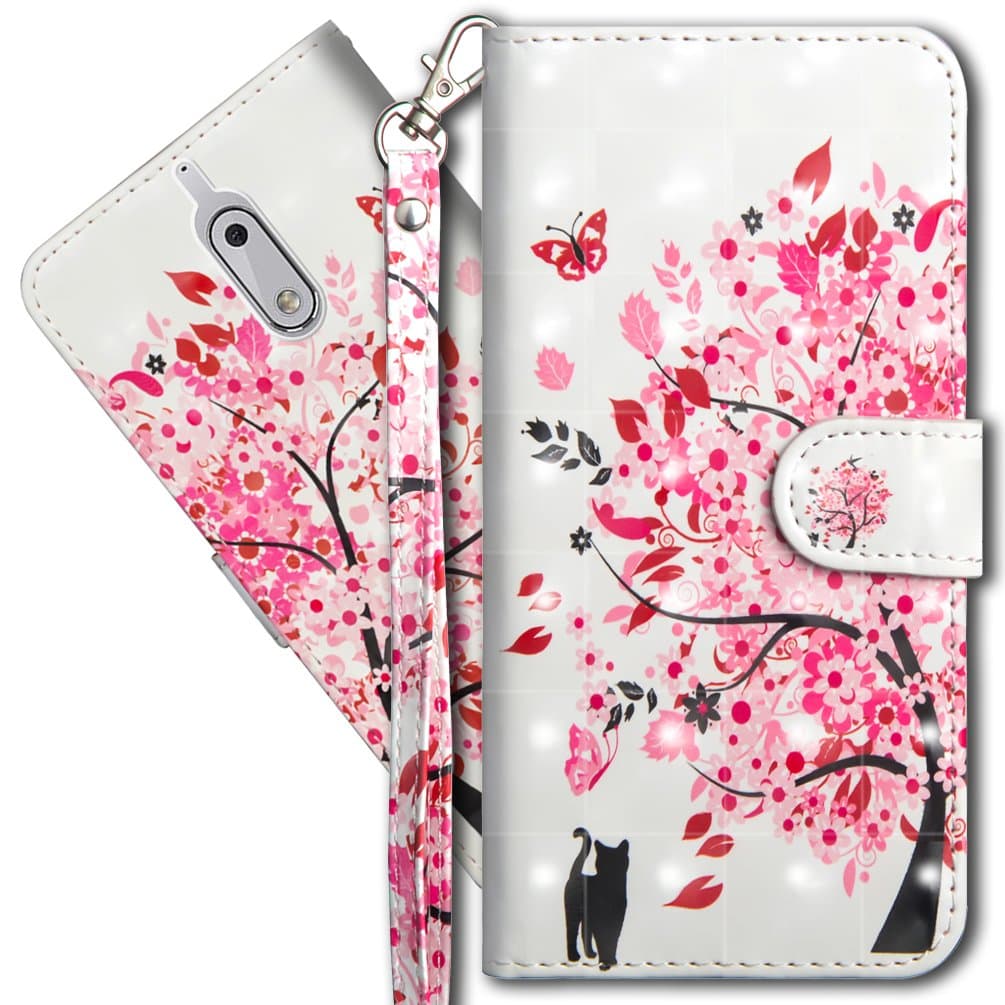 Nokia 6 (2017) Wallet Case, Nokia 6 Premium PU Leather Case, 3D Creative Painted Effect Design Full-Body Protective Cover for Nokia 6 2017-5.5 inch. PU- Tree Cat