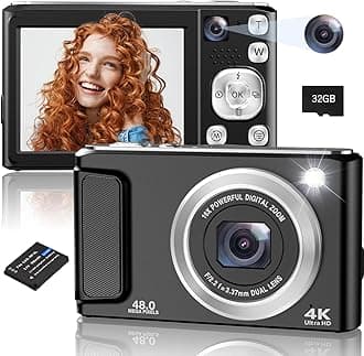 Digital Camera, 48MP 4K Autofocus Cameras for Photography, Vlogging, Compact Camera with Front and Rear Camera, 16X Zoom Protable Anti-Shake Point and Shoot Cameras with 32GB SD Card