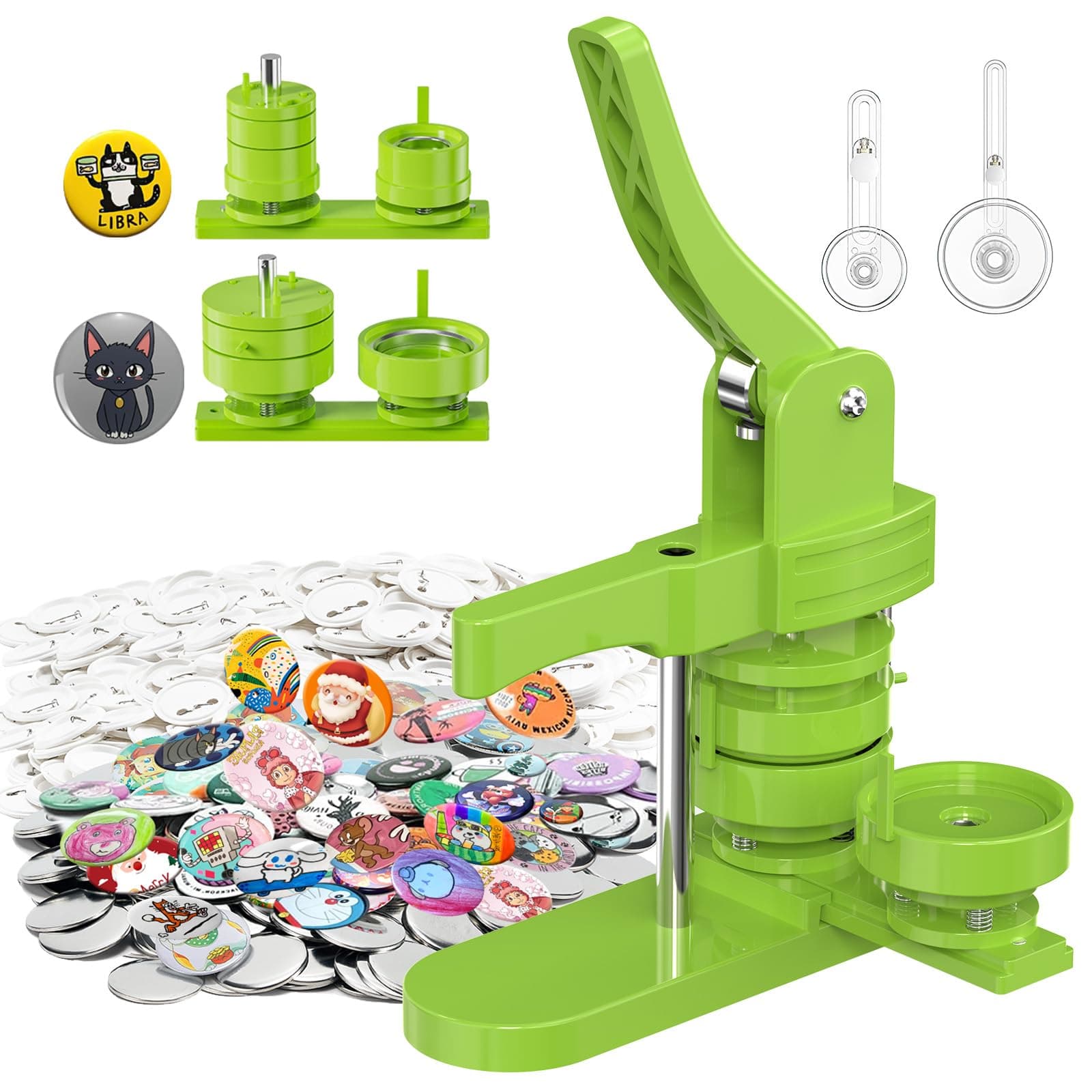Button Maker Machine Multiple Sizes 1+1.25+2.25 Inch, Photo Pin Badge Maker for Kids, Press Machine With 600 Sets Making Supplies, Cutter & Magic Book (Green, 25/32/58mm)