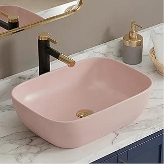 - BASSINO 18x13x5 Inches Designer Rectangular Tabletop Washbasin/1 Year Warranty/Ceramic Countertop Sink for Bathroom/Vessel Bowl Basin for Office(Matt Pink Finish)