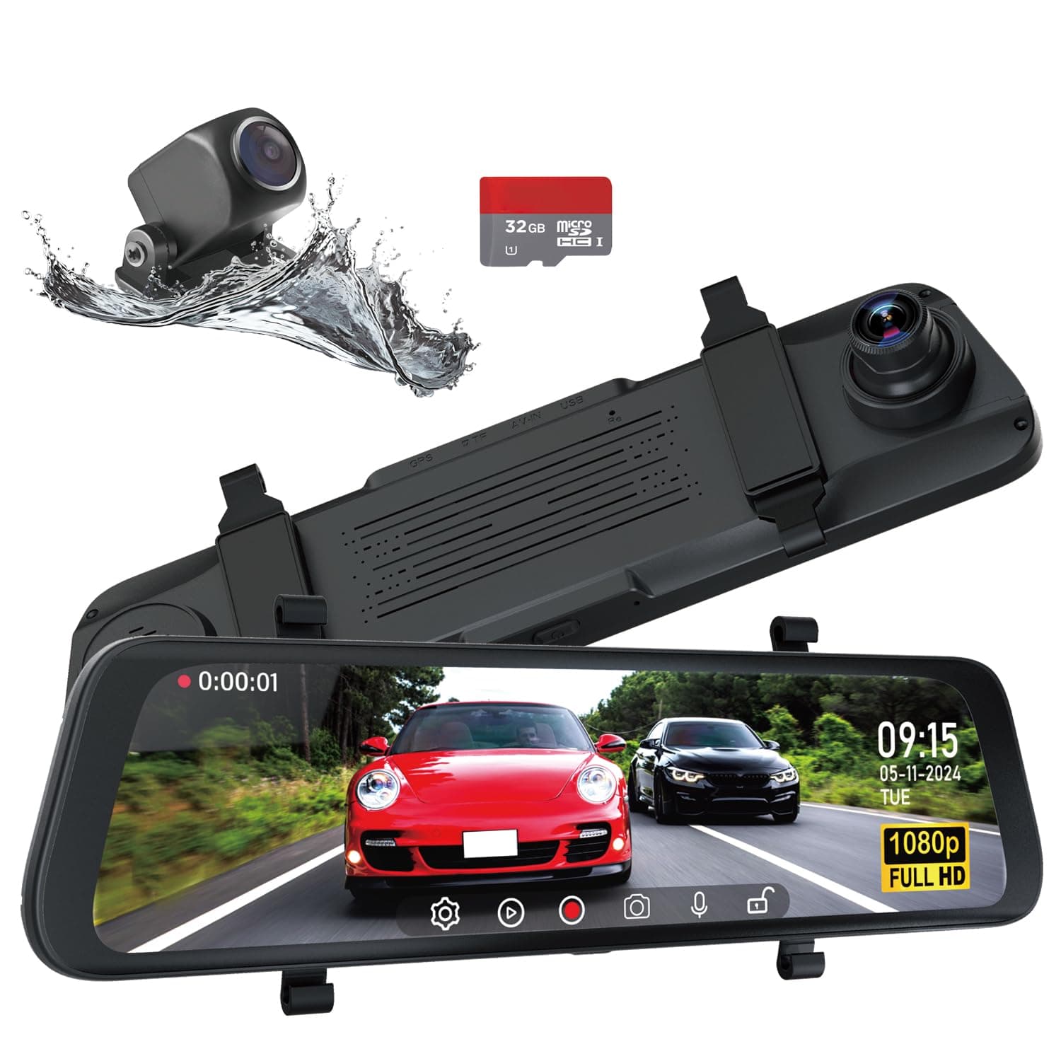 Acumen Mirror Dash Cam Digital Rear View Mirror 10'' Touch Screen, Dual Lens 1080P Full HD Cameras Parking Mode G-Sensor Loop-Recording Night Vision with 32GB SD Card (R1080P)