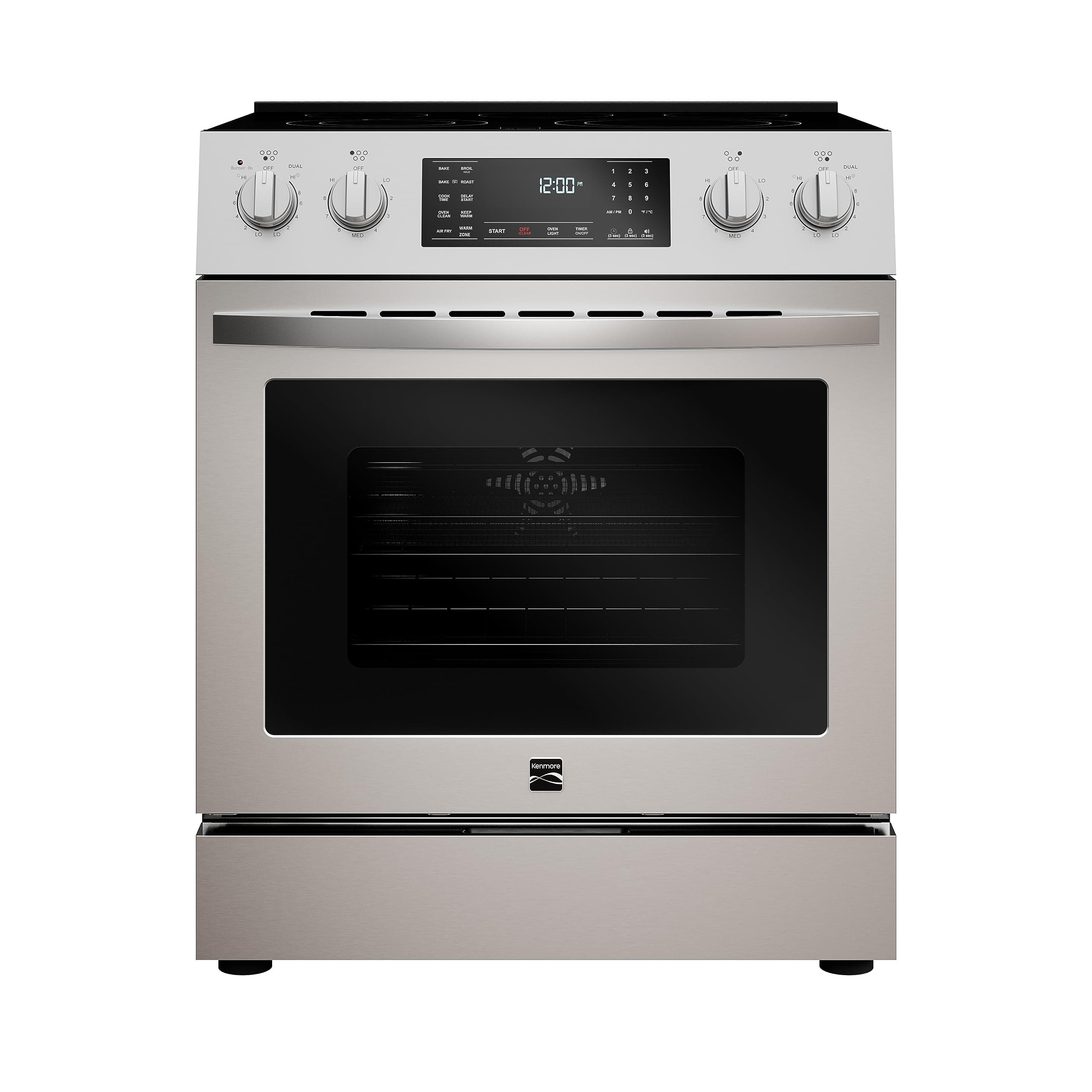 Kenmore Front Control Electric Range Oven with 5 Cooktop Elements with 7 Cooking Power Options, True Convection, Steam and Self Clean, Freestanding Oven, 4.8 cu. ft. Capacity Stainless Steel