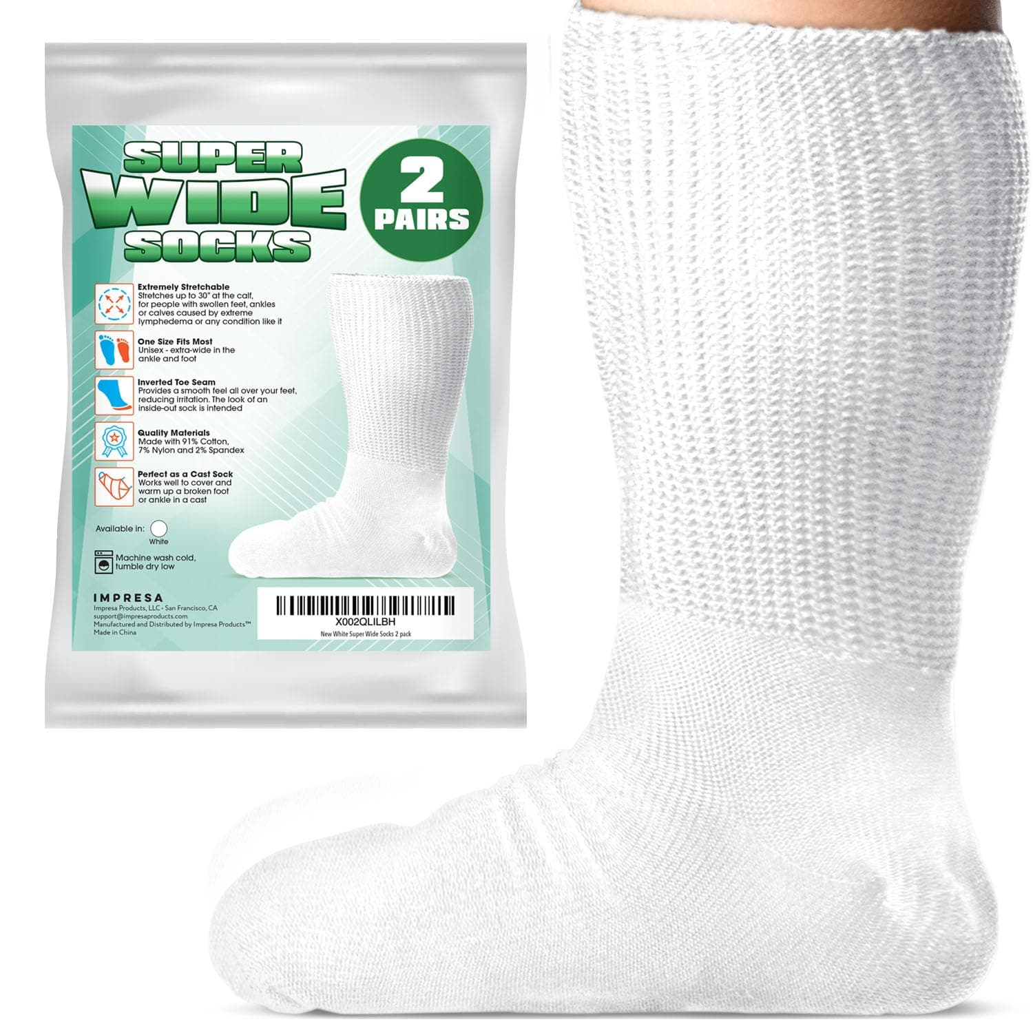 IMPRESA 2 Pairs One Size Unisex Extra Width Socks in White for Lymphedema - Bariatric Sock - Oversized Sock Stretches up to 30'' Over Calf for Swollen Feet