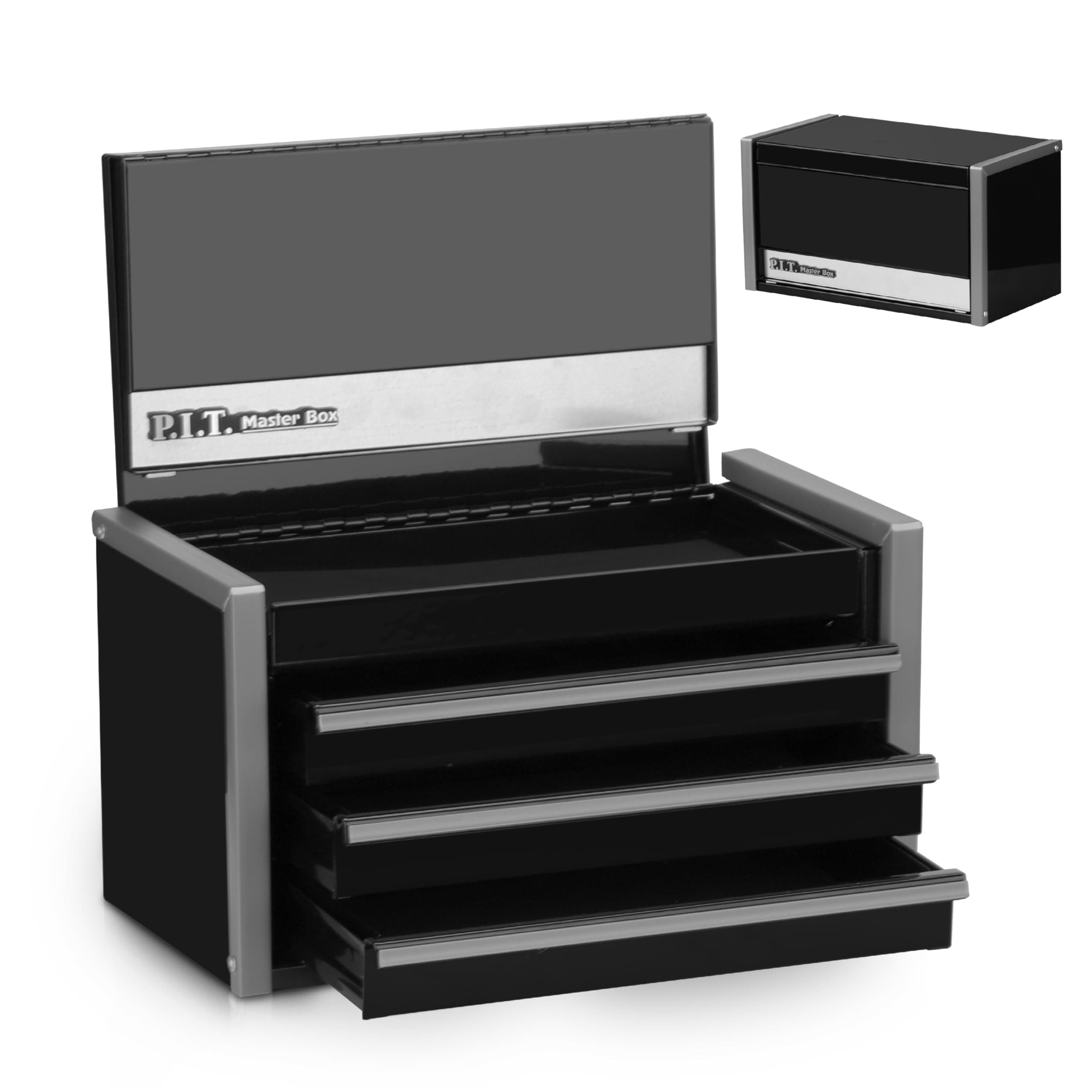 P.I.T. Mini Black Tool Box, Portable 3 Drawer Steel Stackable Tool Box with Magnetic Tab Locking, Black Micro Top Chest with Liner for Tools Storage and Organizers, Home DIY