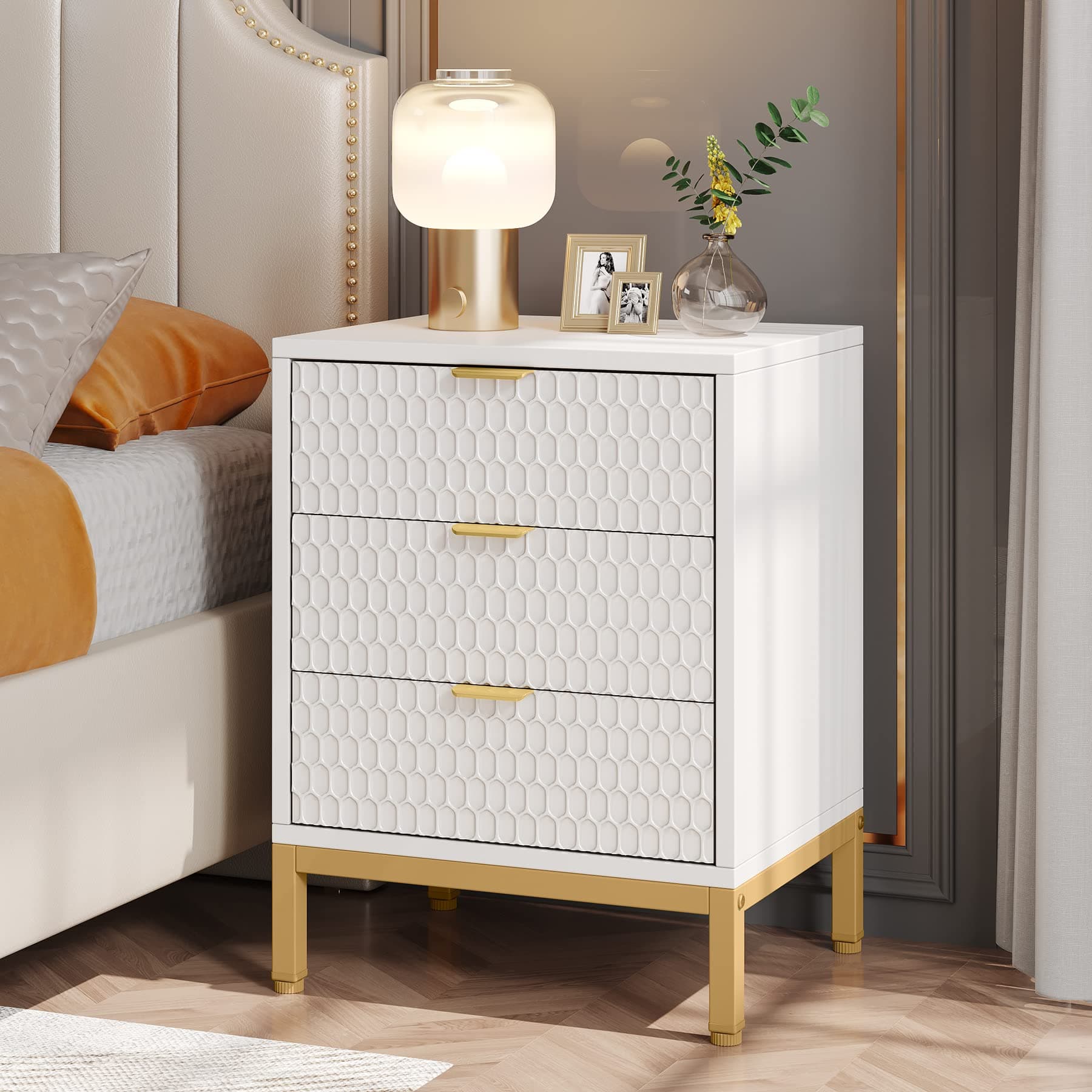 Tribesigns Modern Nightstand, 25.8" Tall Bedside Table with 3 Drawers, Contemporary End Side Table with Storage for Bedroom, Living Room, White and Gold