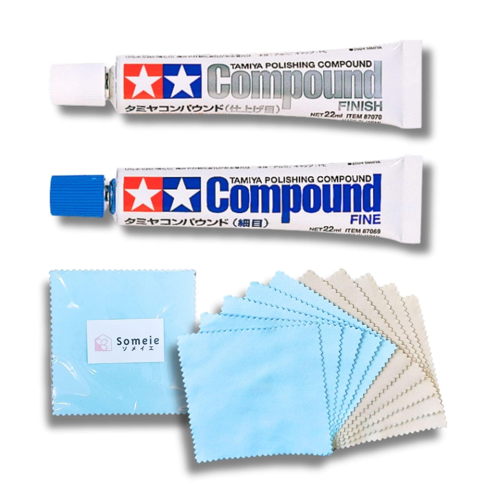 Tamiya Polishing Paste Fine Compound 87069&Finishing Compound 87070&Compound Applicator Cloths in Two Colors, 5 Sheets Each, Total 10 Sheets Set
