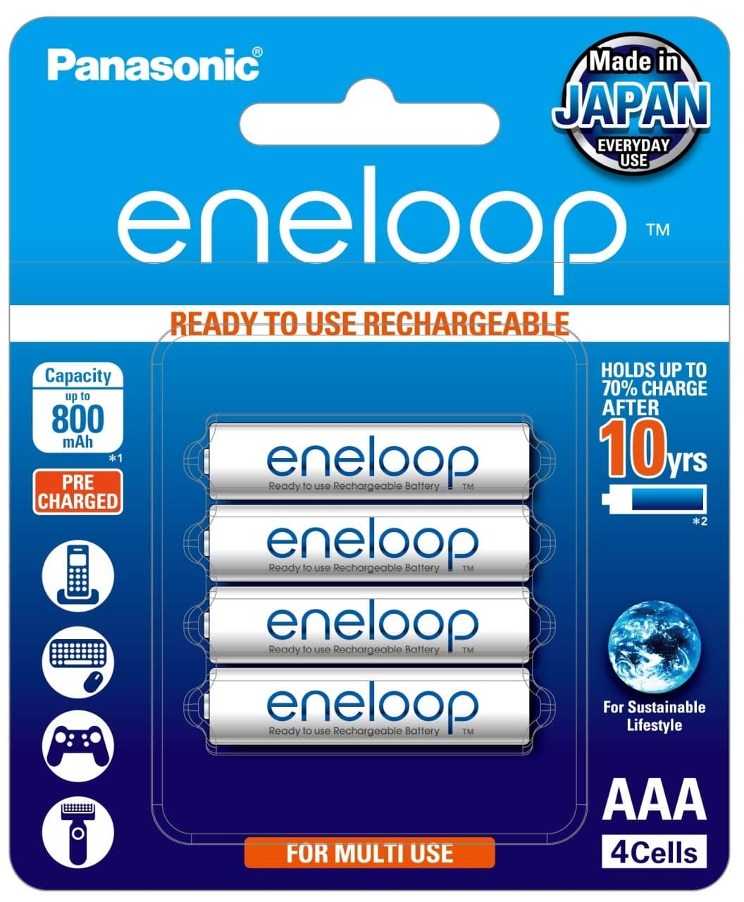 Panasonic BK-4MCCE/4BN Eneloop(Up to 800 mAH) AAA Ni-Mh Pre-Charged Rechargeable Batteries, 4-Battery Pack