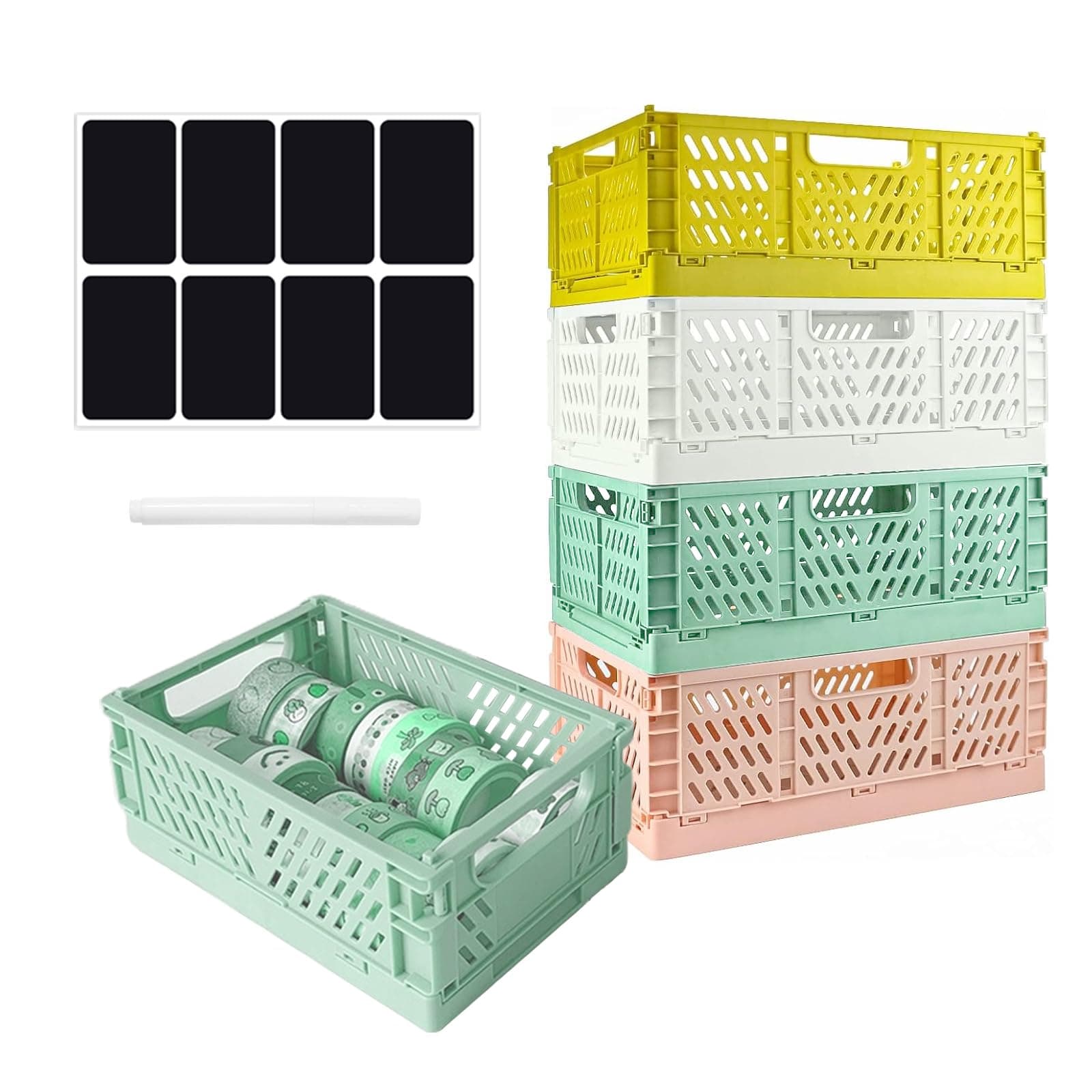 SXCCNW Pastel Crates, 4 PCS Folding Box Small Plastic 20.5 × 14.7 × 9.3 cm Mini Plastic Baskets, Plastic Stackable Storage Boxes for Foldable Storage Basket Storage Boxes Bedroom Office Home Kitchen