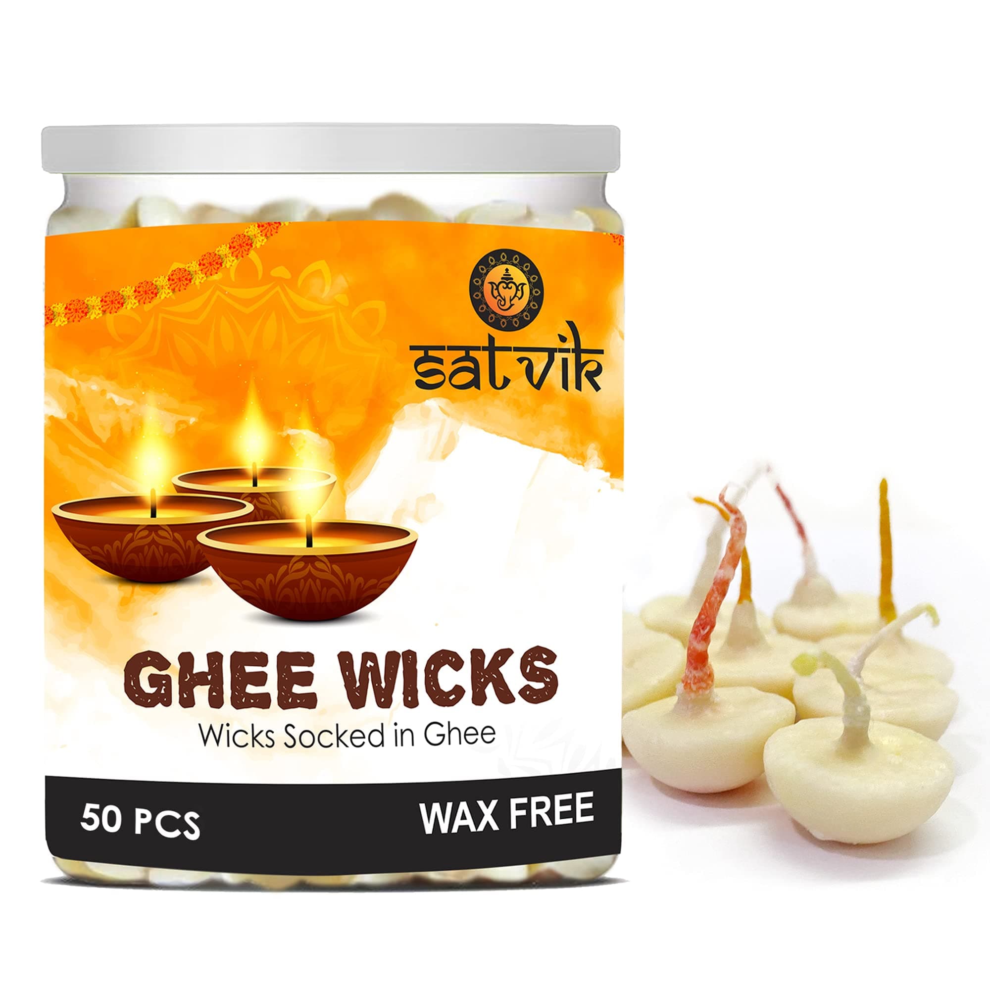 SATVIK 50 Pc Pure Ghee Wicks for Puja (Upto 30 Mins) Pooja Home and Mandir. Nitya Pujan Readymade Ghee DiyaJyoti Pujan Indian Housewarming Return Gift Items Accessories. Diwali Cotton Wicks