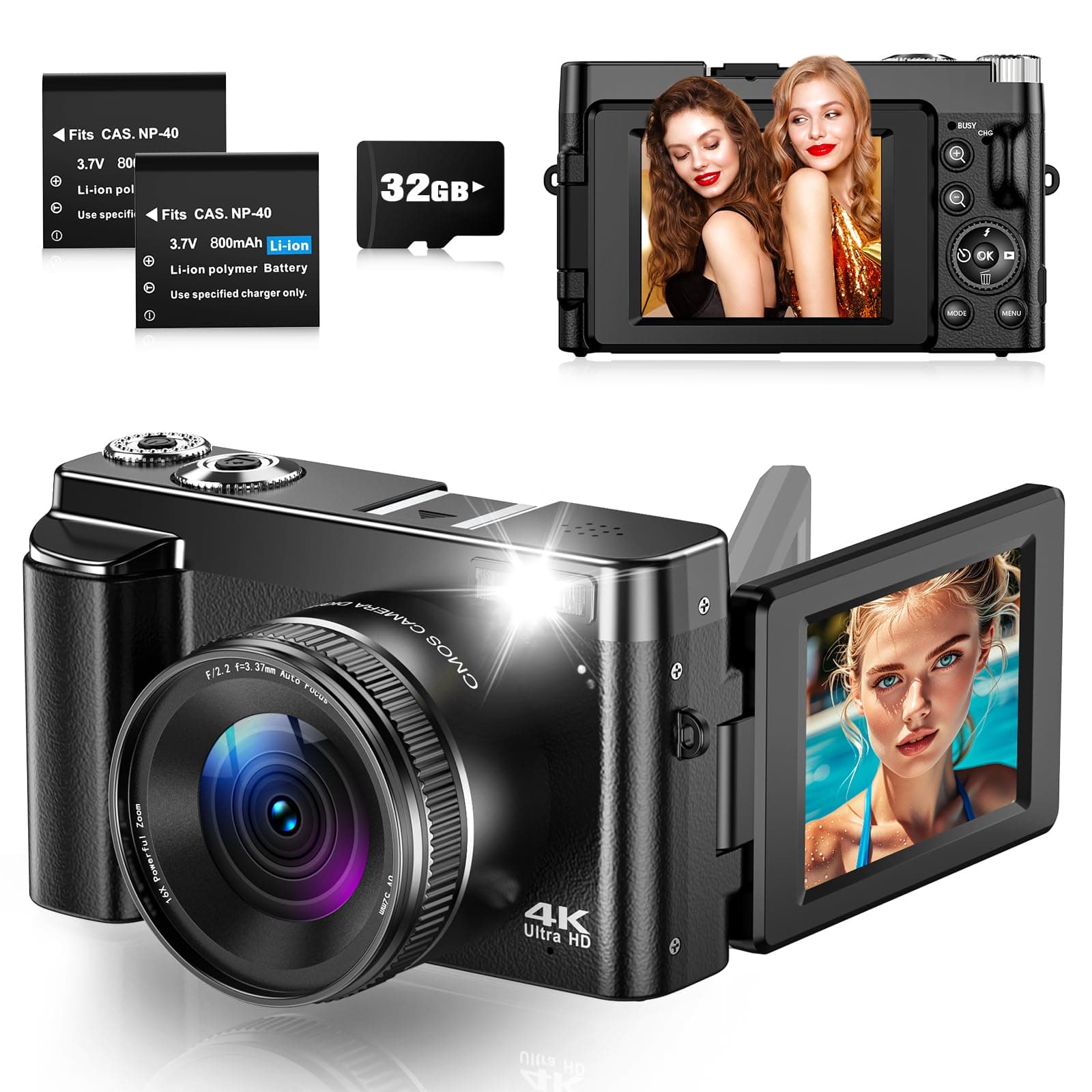 Digital Camera 4K 48MP Autofocus Vlogging Camera with 3" 180° Flip Screen, 4K Compact Digital Camera with 32GB Card 16X Digital Zoom for Beginners and Teenagers
