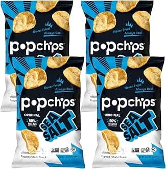 Popchips Potato Chips, Sea Salt, 4ct 5.0oz Share Bags, Low-Calorie and Gluten Free, Salty Snacks for Adults and Children, Non-GMO, Vegan & Kosher Friendly, 130 Calories Per Serving
