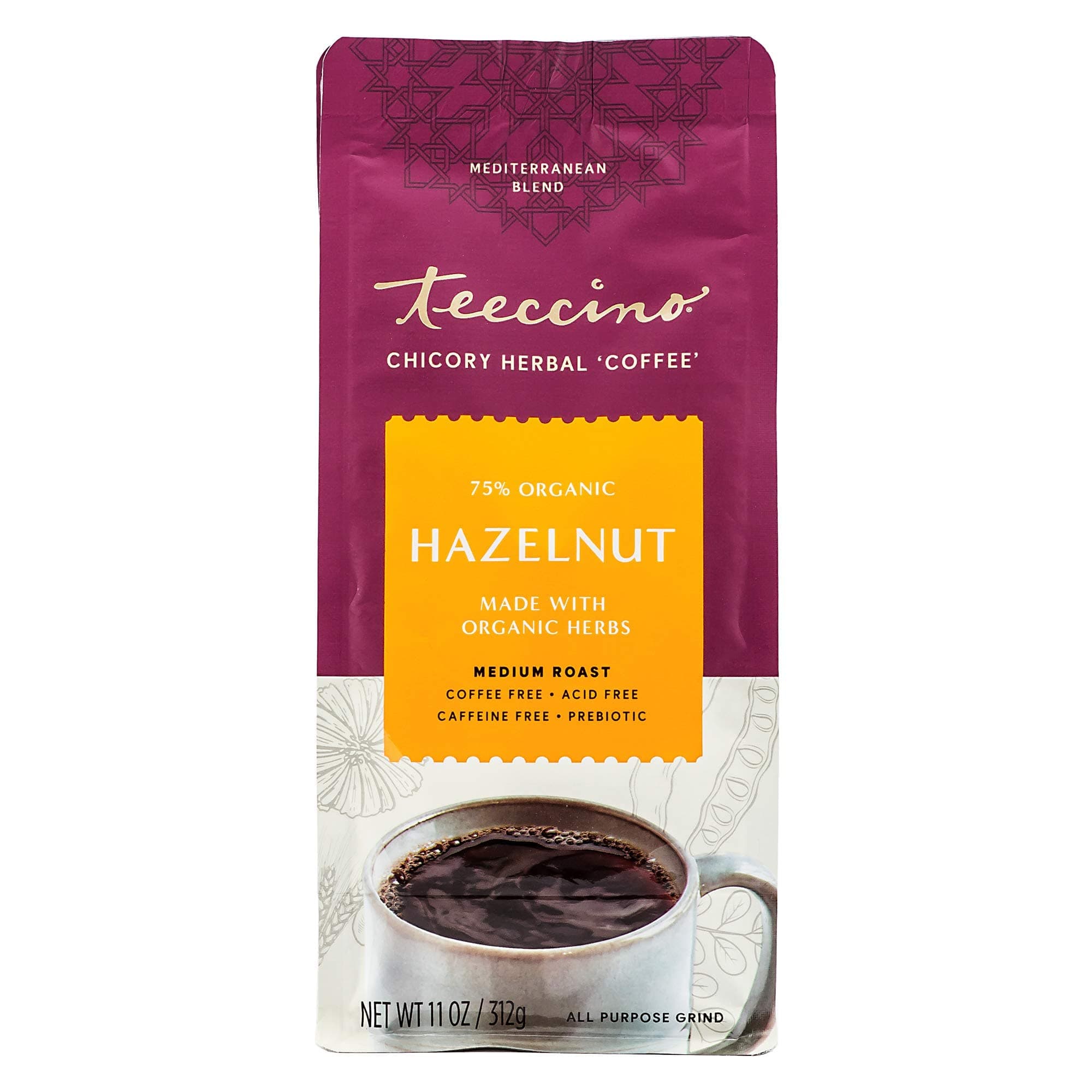 Teeccino Hazelnut Chicory Coffee Alternative - Ground Herbal Coffee That’s Prebiotic, Caffeine Free & Acid Free, Medium Roast, 11 Ounce