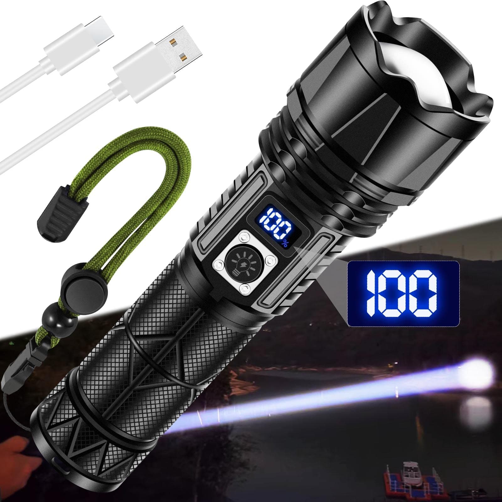 JAY-PARK Rechargeable LED Flashlight 10000 Lumen, Super Bright Flashlight with Digital Power Display and Zoomble, Flashlights High Lumens Rechargeable for Camping, Outdoor [Energy Class A+++]