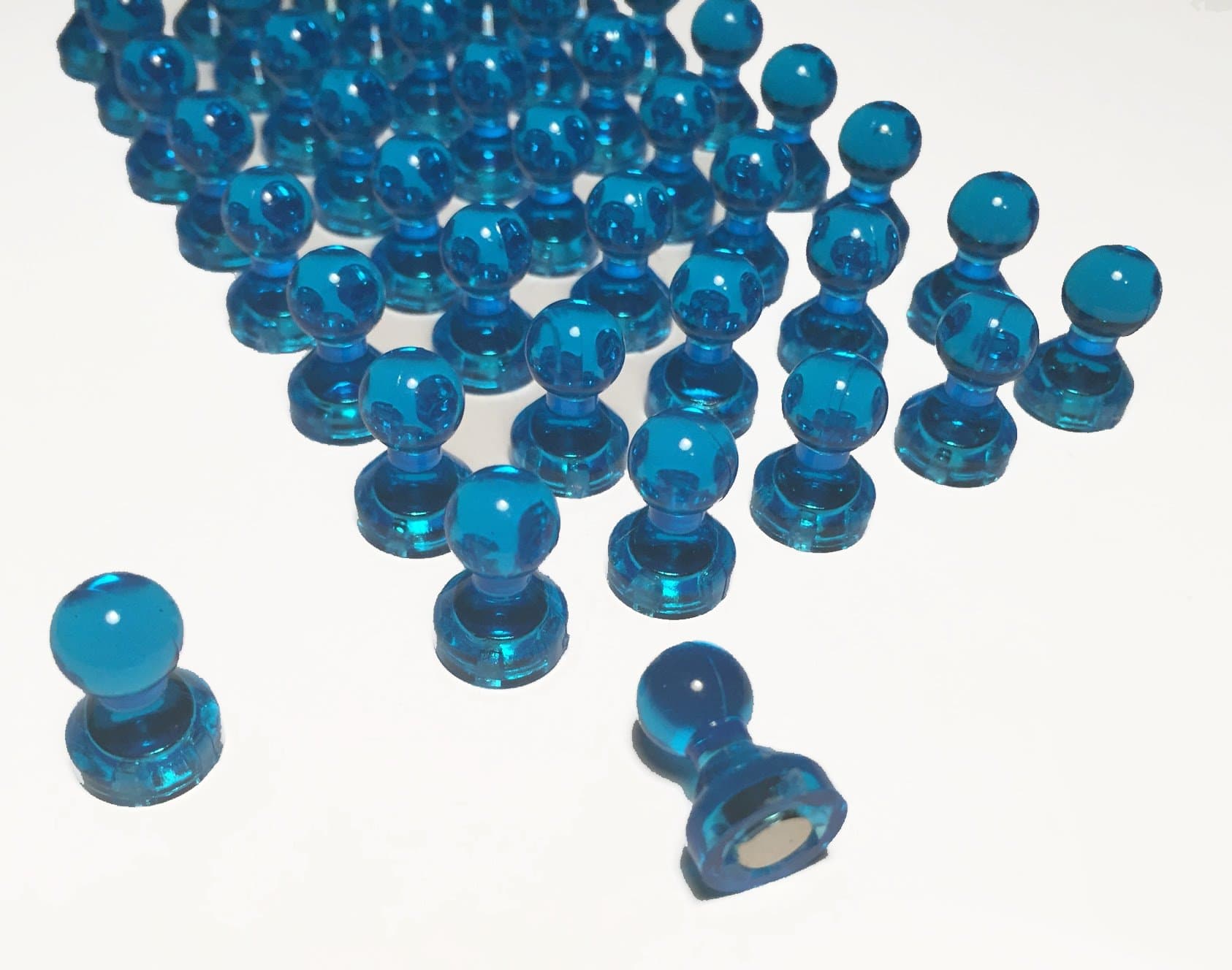 50 Pack Transparent Push Pin Magnets (Blue) - Extra strong. Great for maps, fridge, file cabinets, white boards and more!