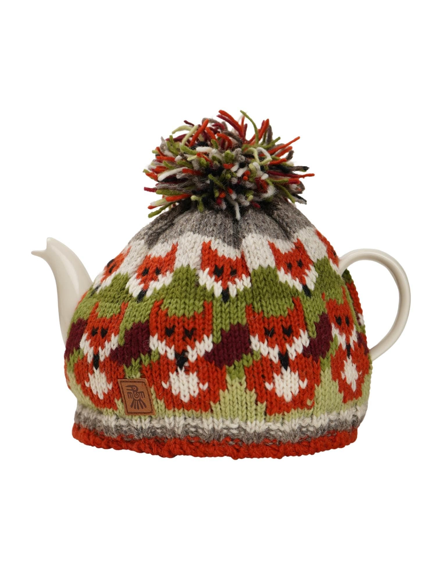 – Handknitted Medium 4-6 Cup 1.2L Wool Tea Cosy/Teapot Cover - Fox Pattern Insulated Handmade Fair Trade Multicoloured