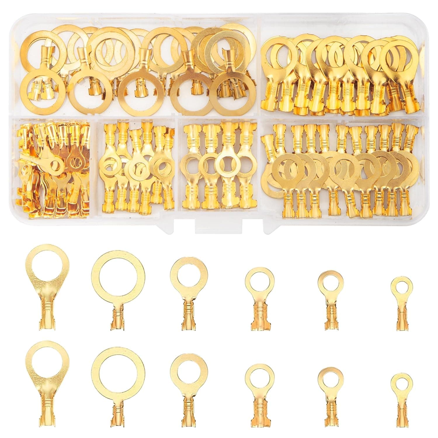 160 Pcs Ring Terminals Kit, Brass Insulated Round Electrical Terminals, Terminals Crimp Wire Connectors for Speakers - M3 M4 M5 M6 M8 M10