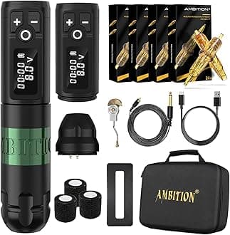 Ambition Soldier Wireless Tattoo Machine Kit Complete Rotary Coreless Motor Tattoo Pen Kit with Extra 2400mAh Battery 80pcs Glory Mixed Size Cartridge Needles Supply for Professional Tattoo Artist