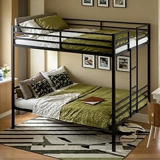 Queen Over Queen Metal Bunk Bed for Adults, Heavy Duty Bunk Bed Frame with Guardrail and Ladder,Easy to Assemble,No Box Spring Needed, Black