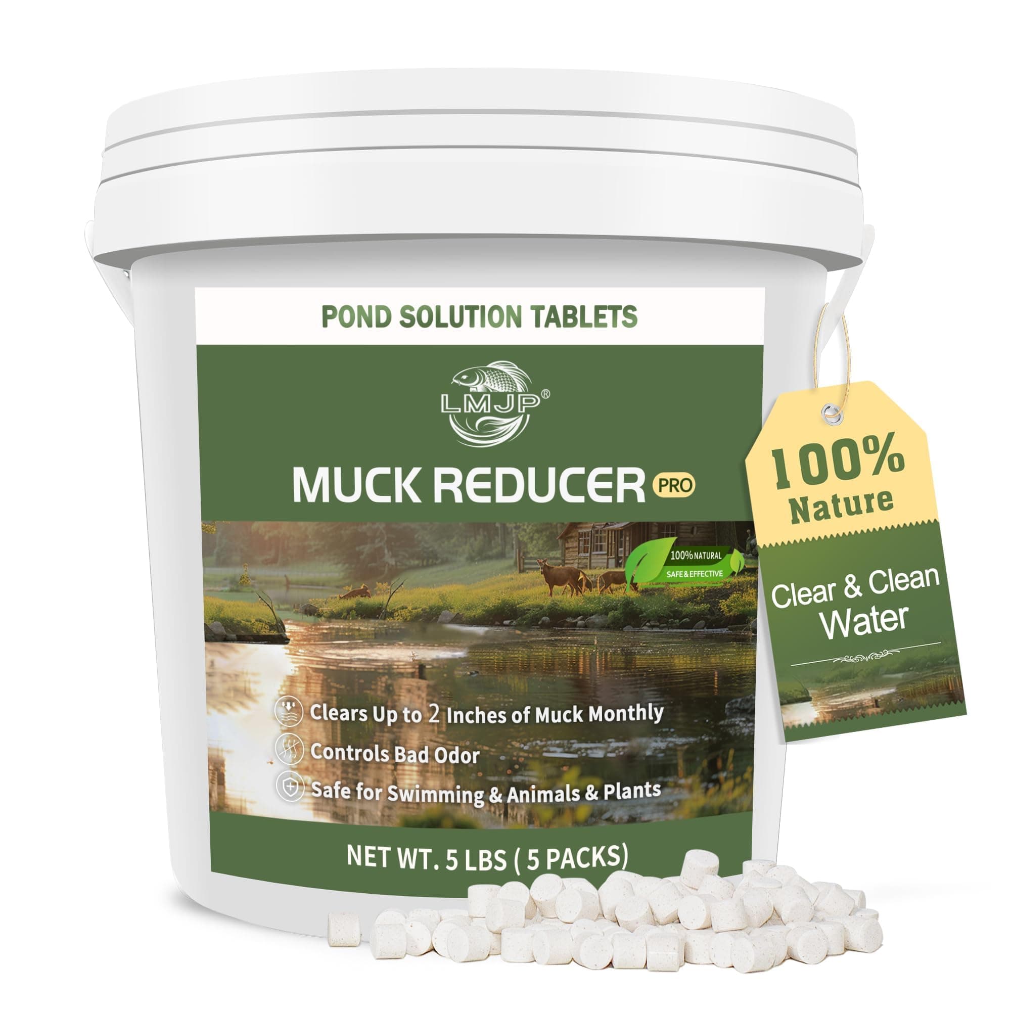 LMJP Muck Reducer - 5LB Natural Sludge Solution Tablets for Ponds & Lakes, Away Muck & Odor Control, Safe for Aquatic Life, Wildlife & Recreation, Treats Up to 30,000 Sq Ft