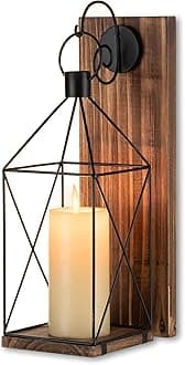 Candle Sconces Wall Decor: Farmhouse Wood Candle Holder Indoor Black Metal Lantern Decorations for Living Room Front Porch Yard