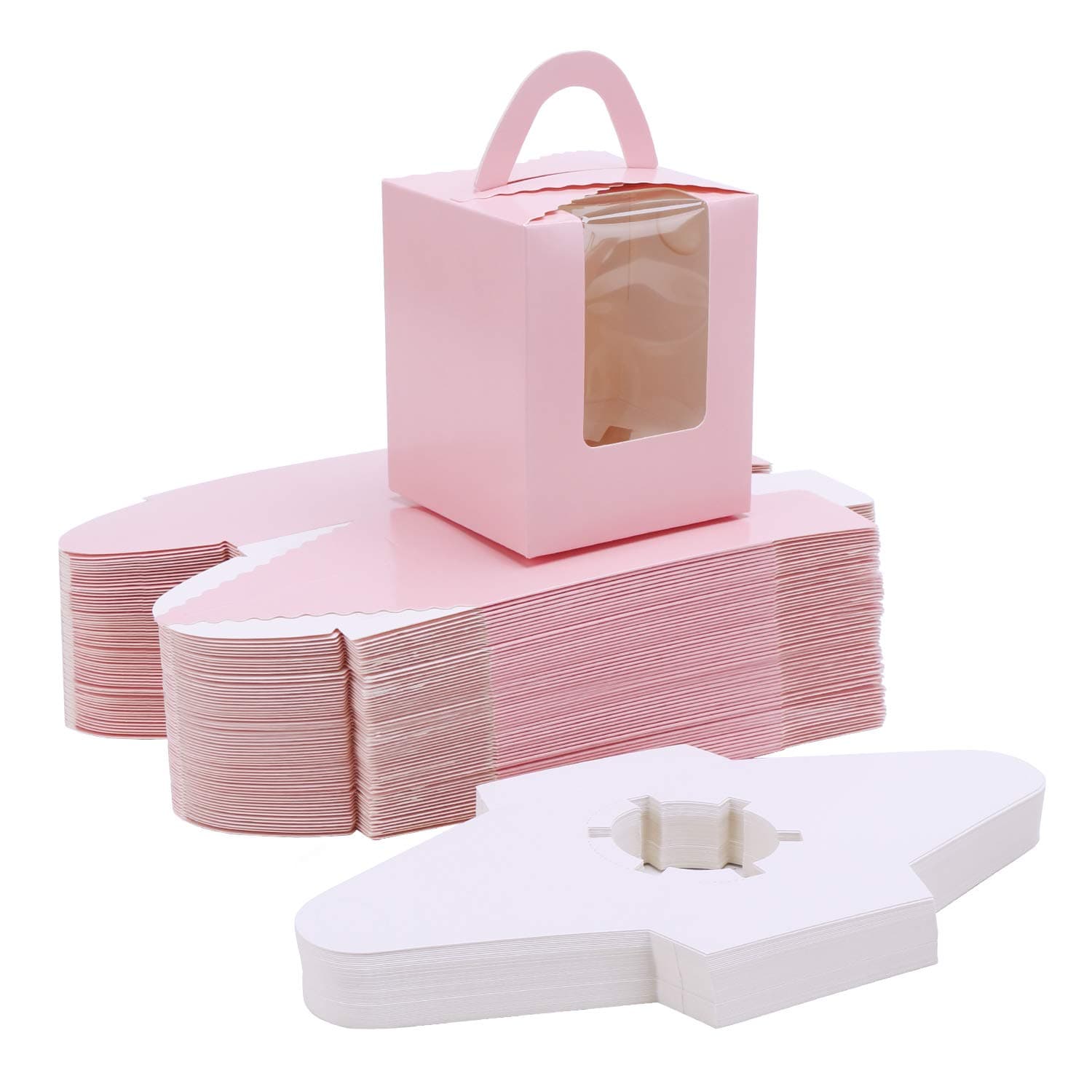 EUSOAR Cupcake Box Carrier, 50 Pcs Pink Single Cupcake Box Holder Container Portable Paper Muffin Gift Box with Window Insert Handle for Wedding Birthday Party Treat Box