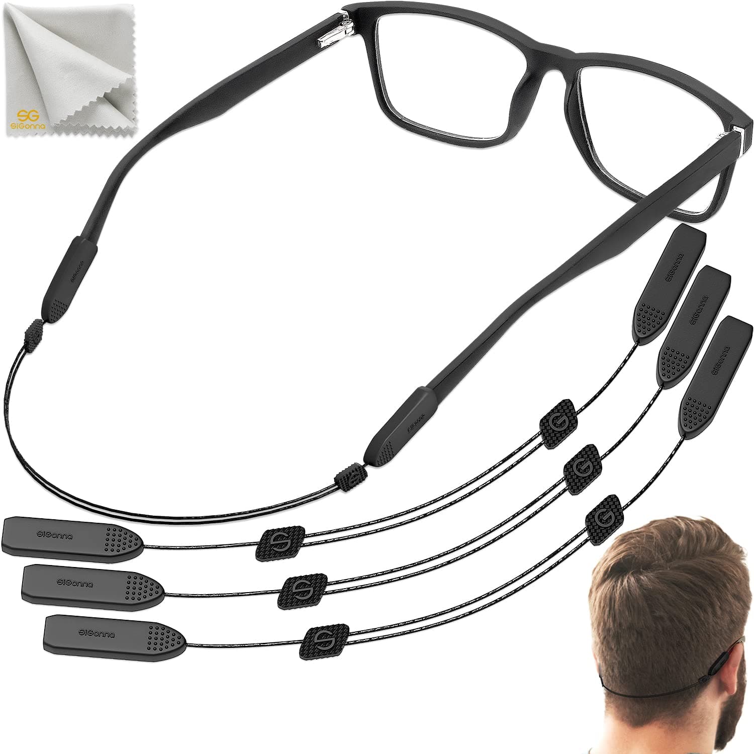 SIGONNA Adjustable Glasses Strap - 3 Pcs Eyeglasses Strap Holders - No Tail Sunglasses Strap for Men Women - Eye Glasses Holders Around Head or Neck, 17" Glasses Lanyard String Straps