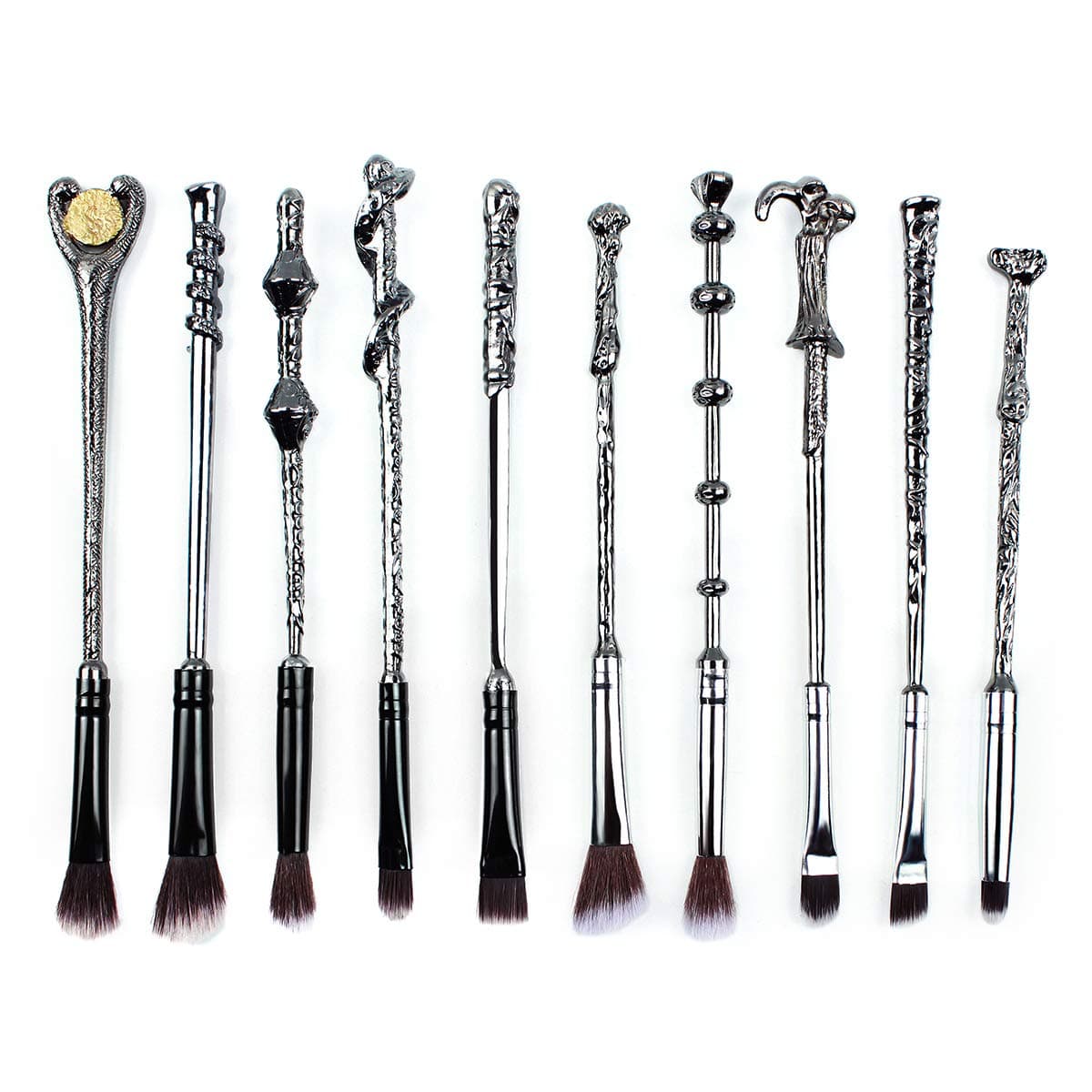 (Wizard (10 Brushes)) - 10 Magical Themed Wizard Wand Makeup Brushes, Metal, Extra Durable, Soft Brushes