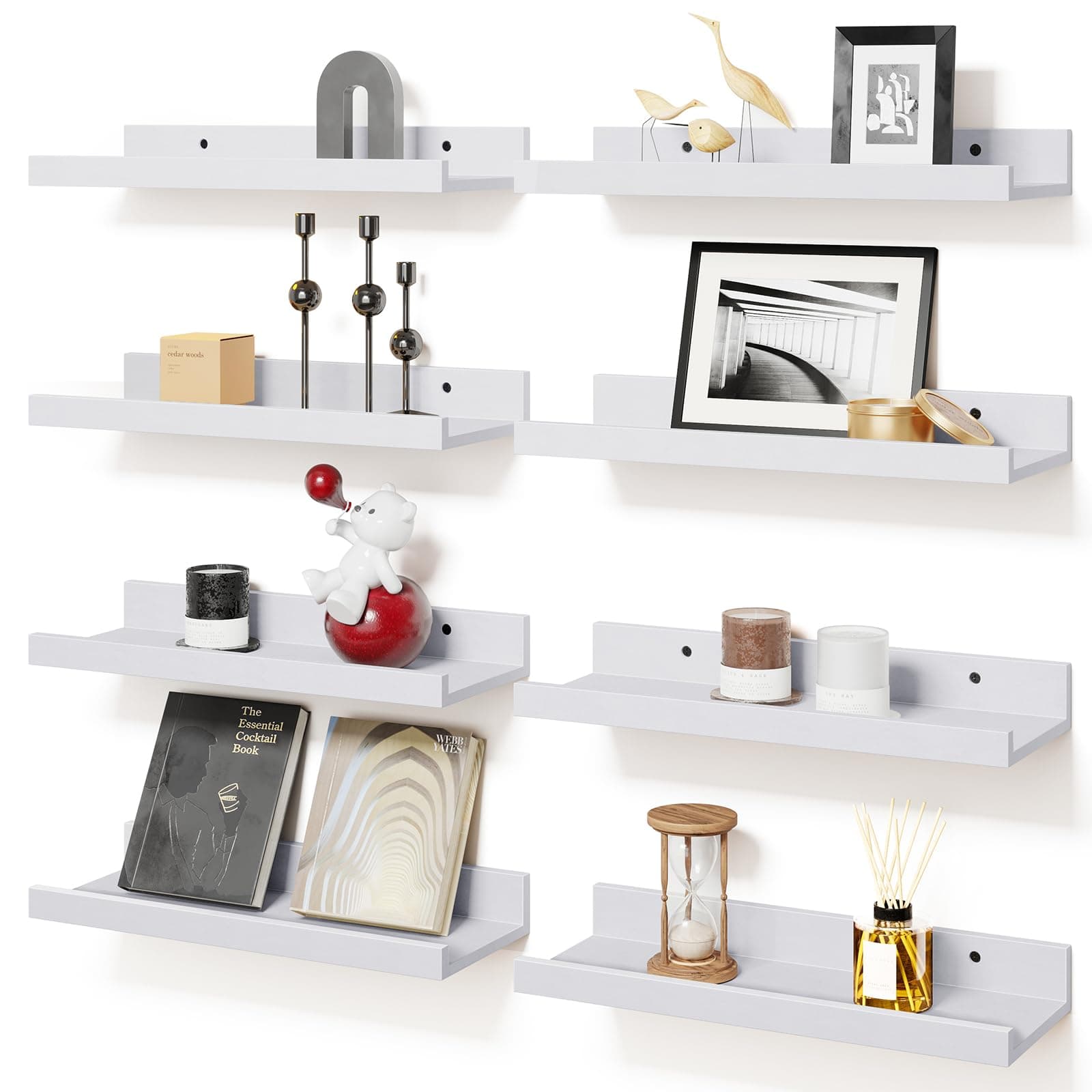 Fixwal Floating Shelves for Wall Decor, White Wall Shelves Set of 8, Display Floating Shelf for Room Wall, Wall Mounted Self Picture Ledge with Lip for Bedroom, Bathroom, Nursery, Living Room